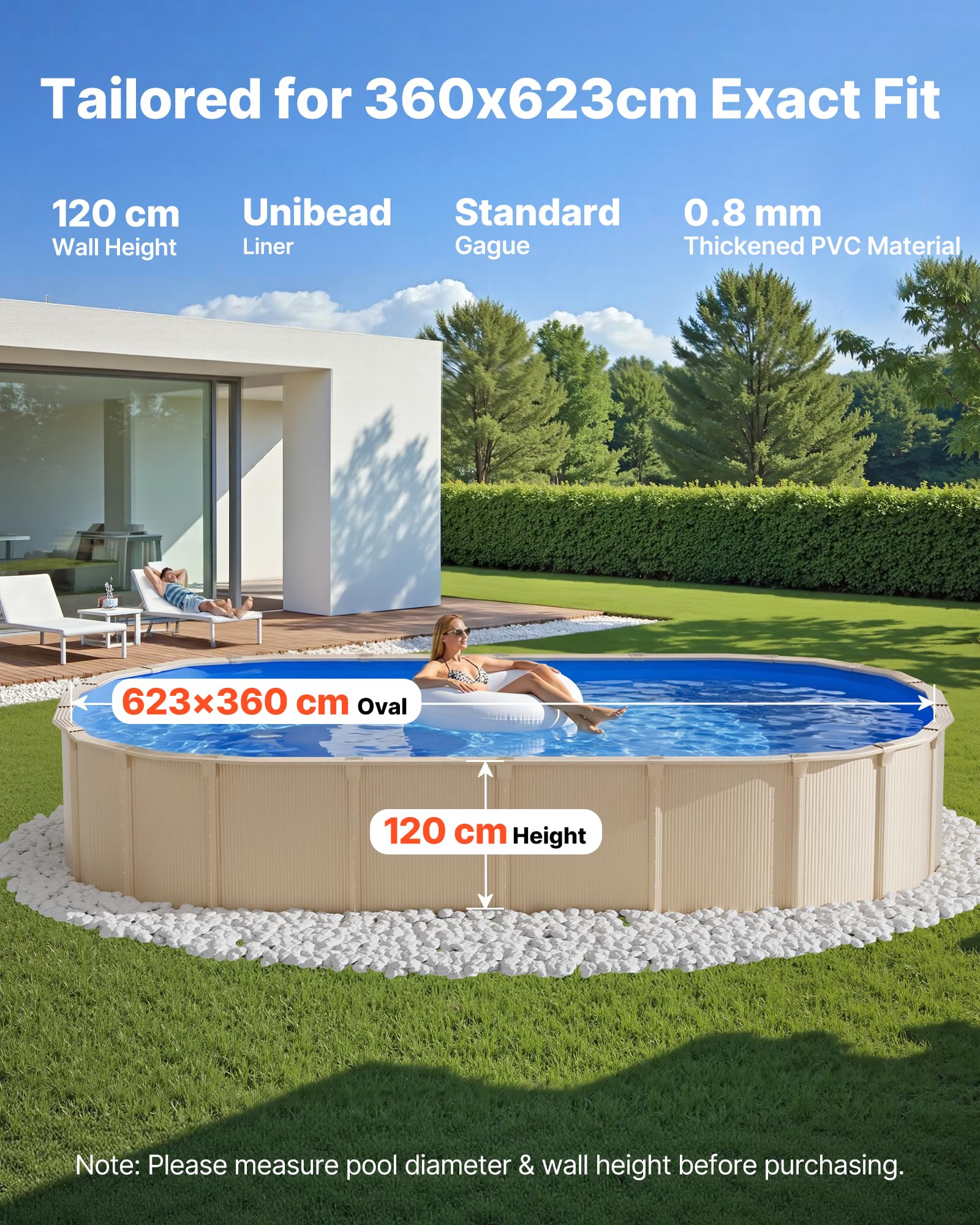 VEVOR Revestimiento para Piscina PVC, Liner para Piscinas Elevadas de Grosor mm, Altura de Pared, Resistente al Desgarro, Frío y Sol para Exterior y Jardín (Ovaladas 360 x 623 cm)