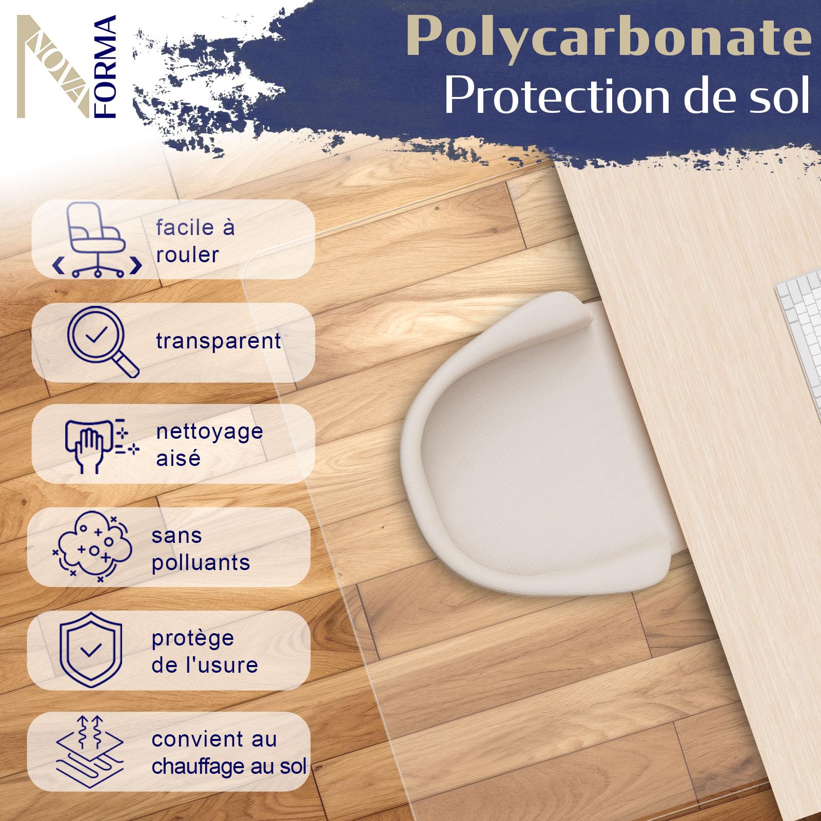 NOVA FORMA Dessous de Chaise DURA Mat en Polycarbonate - Tapis Transparent antidérapant pour sols durs (parquet, carrelage, etc.) - Protection de Sol Ergonomique - 100 x 120 cm, Transparent