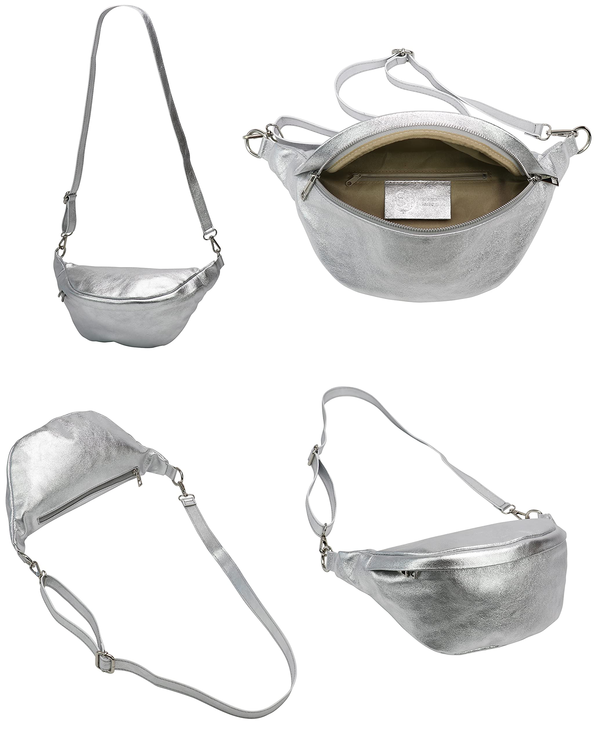 SH Leder ® echt Leder Hüfttasche Damen Herren Unisex Gürteltasche für Festival Reise Bauchtasche mittelgroße Crossbody Bag Frauen Ledertasche 32x17cm Marie G528 (Silber)