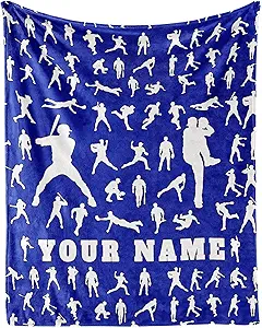 Custom Baseball Throw Blanket for Teen - 50x60 Inches Throw Size - Soft Fluffy Cozy Blankets Gift - Blue Sports Blanket Throws for Living Room Decorative