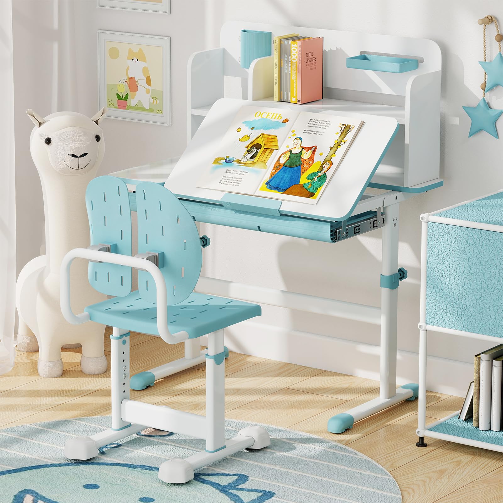 COSTWAY Silla Escritorio Infantil, Silla Juvenil para Escritorio con 5 Altura Ajustables, Doble Respaldo y Asiento Transpirable, Estructura Metálica, Asiento de Ordenador para Niños de 3+ Años (Azul)