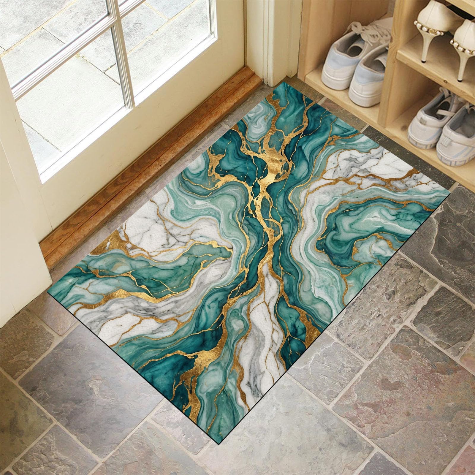 Zerbino 90X150Cm Per Interni Ed Esterni, Vortex Di Marmo Di Lusso, Tappetino Lavabile In Lavatrice, Zerbini Resistente Morbido Antiscivolo, Onde Moderne, Tappeto Ingresso, Verde Smeraldo