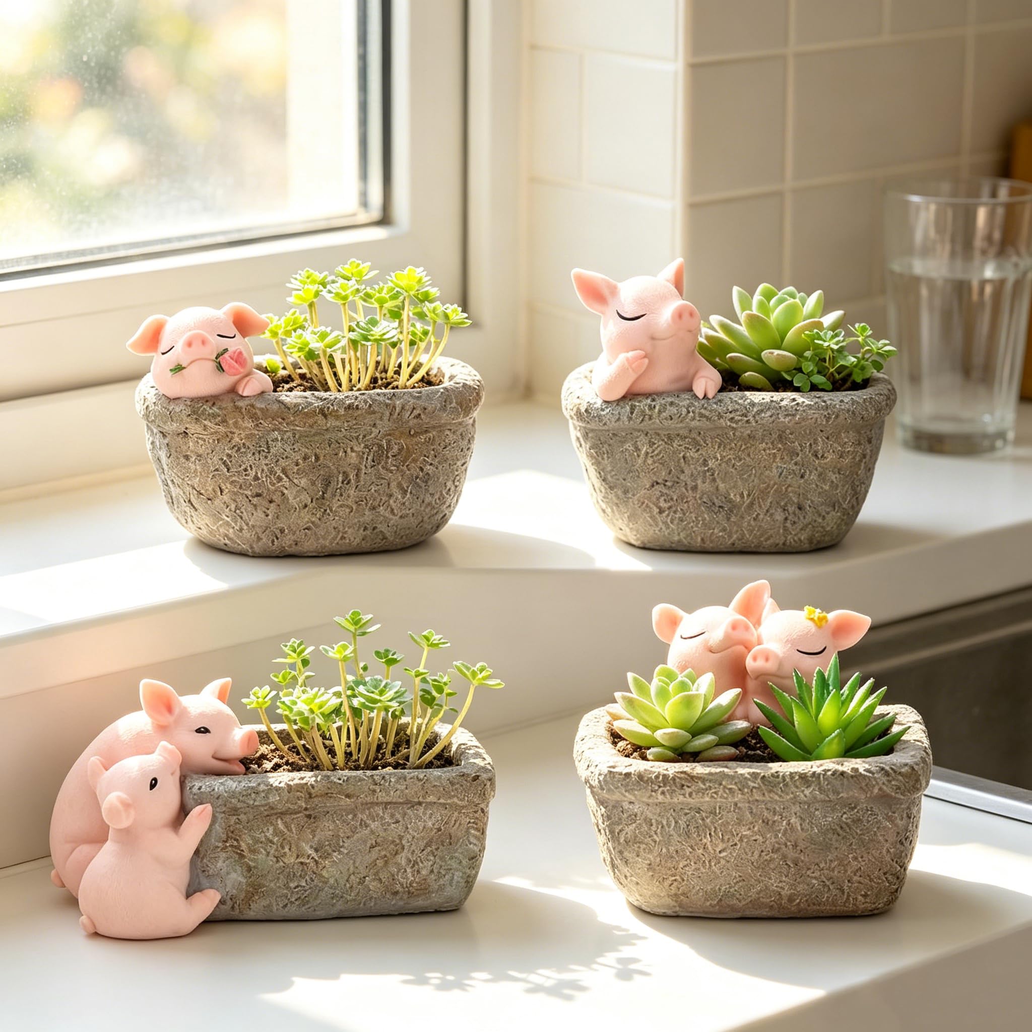 Youfui Pig Succulent Planter Plant Holder Flowerpot Decor for Home Office Desk Decoration Pot (4pcs Pigs)