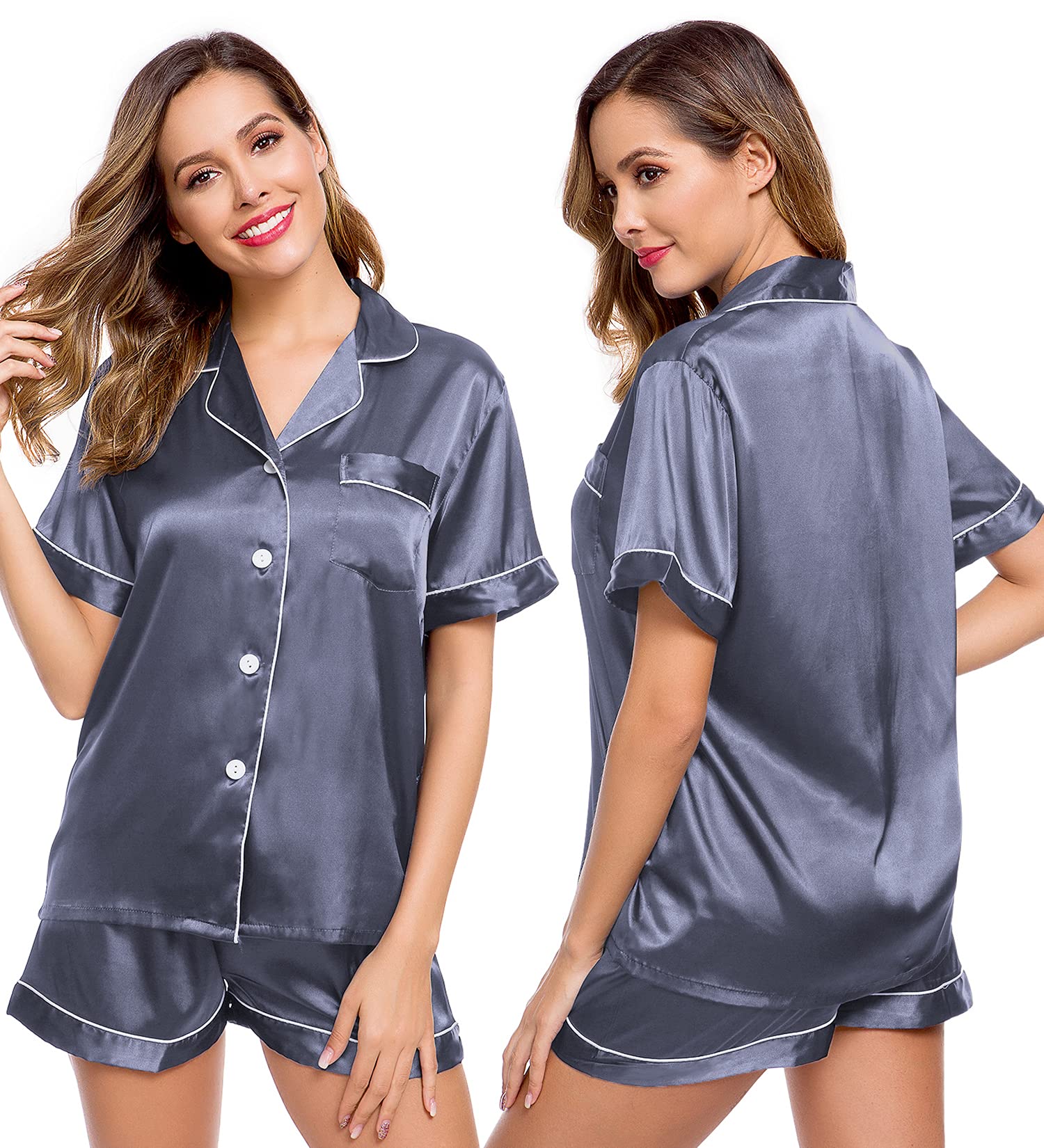 LecGee Womens Silk Satin Pajamas Set Short Sleeve Sleepwear Button Down Nightwear Soft Pj Lounge Sets
