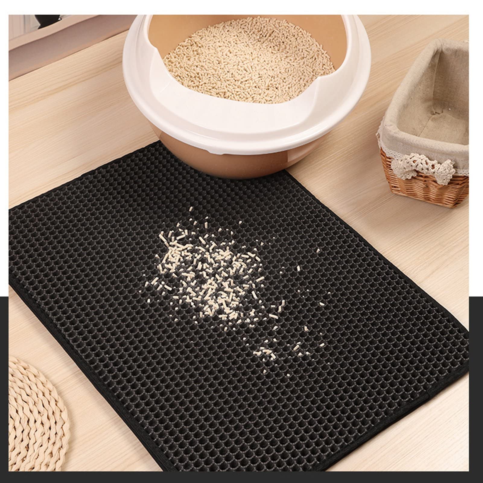 KIMISS Estera para Atrapar para Gatos, Doble Capa, Impermeable, Antideslizante, Fácil de Limpiar, Estera para Residuos de Gatito para Alimentación de Mascotas (BLACK)