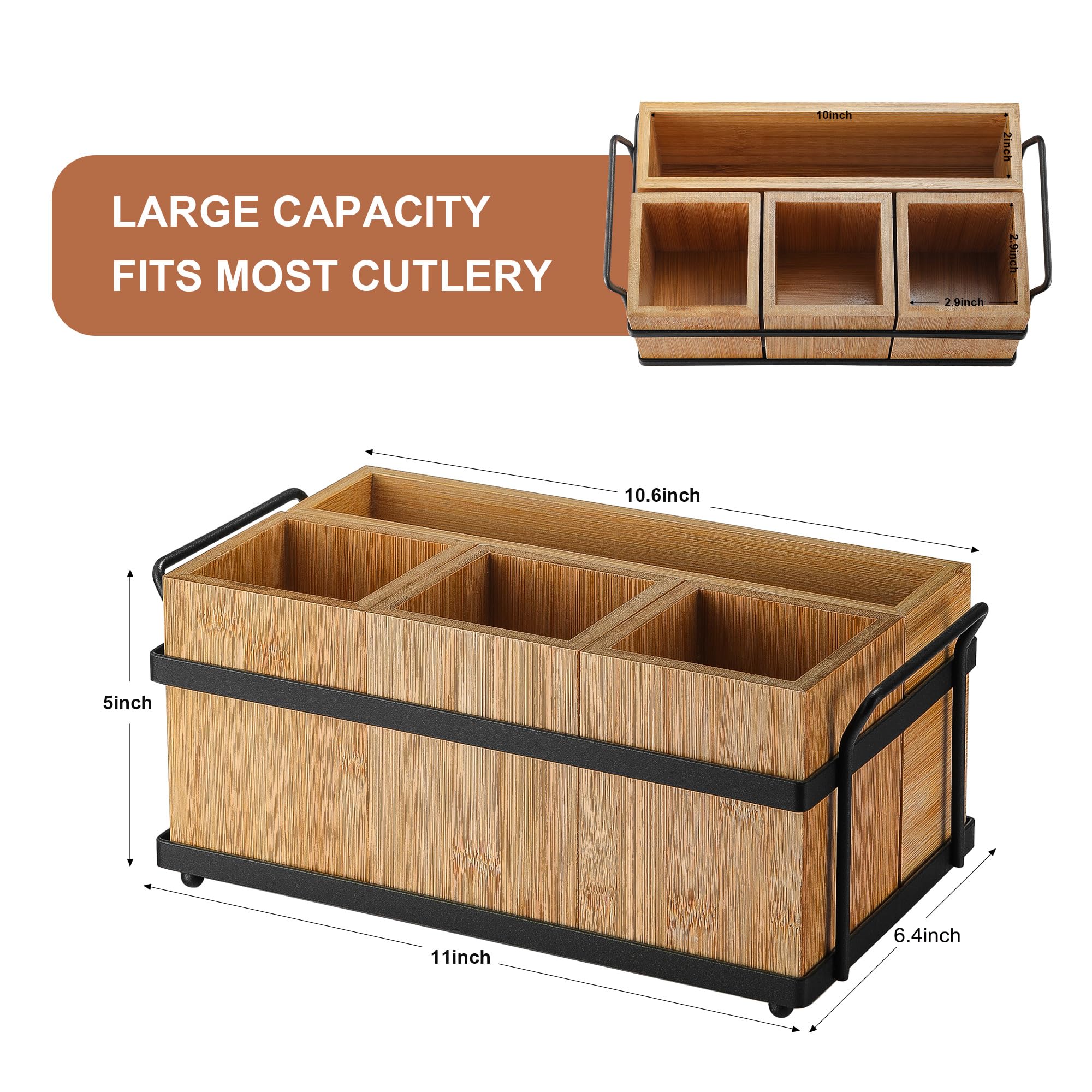 PTSTING Organizador de cubiertos de madera, dispensador de platos de papel, organizador de cubiertos para cucharas, tenedores, platos, servilletas
