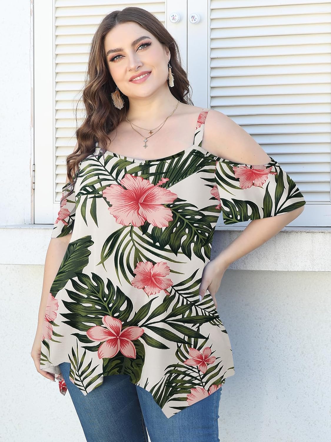 LARACE Cold Shoulder Tops for Womens Summer Clothes Spaghetti Strape Tunic Oversized Shirts Asymmetrical Plus Size Blouse - Image 5