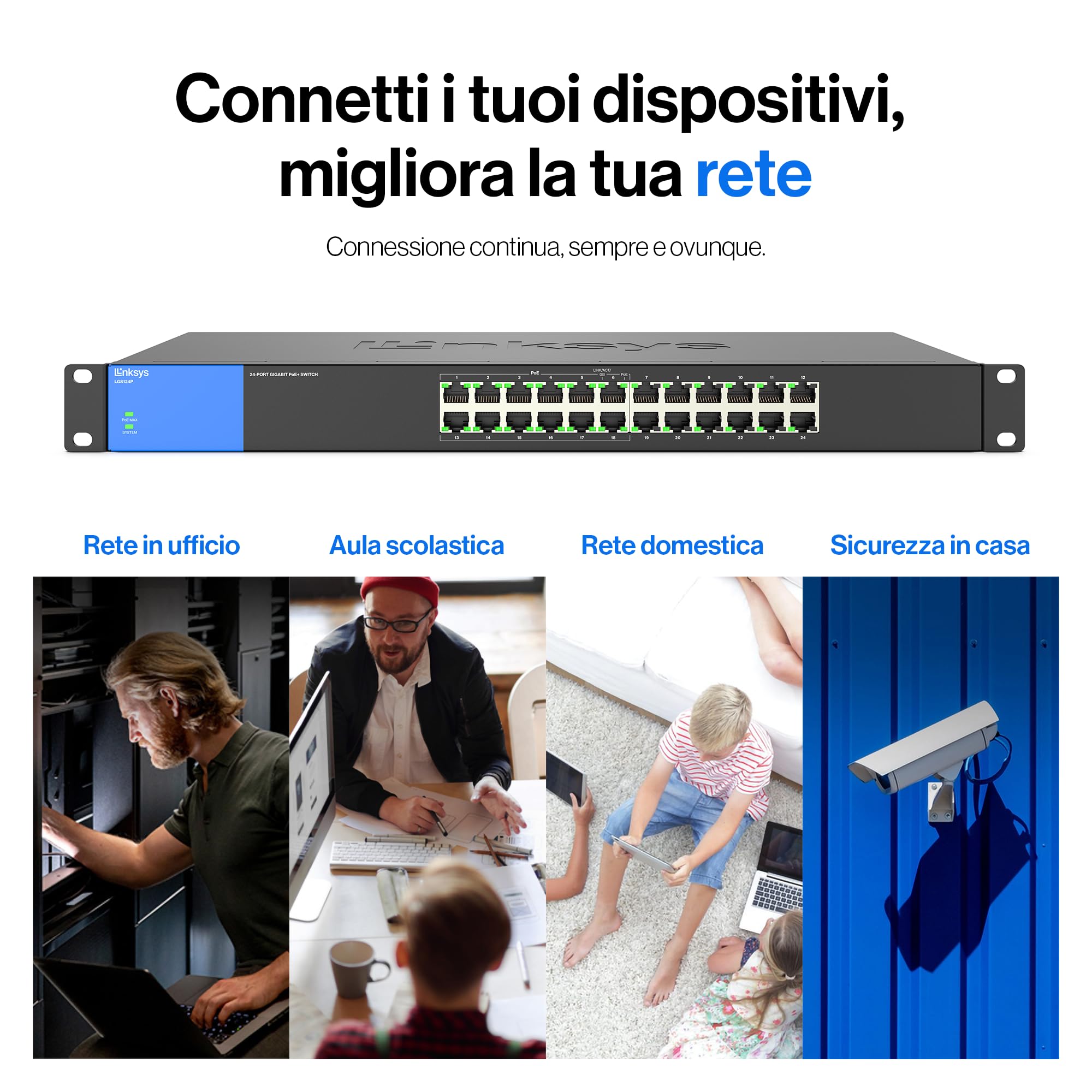 Linksys LGS124P-EU Switch di rete Gigabit PoE non gestito a 24 porte, 120 W tramite 12 porte PoE+, per aziende, uffici, sorveglianza IP, sdoppiatore Ethernet con chassis in metallo