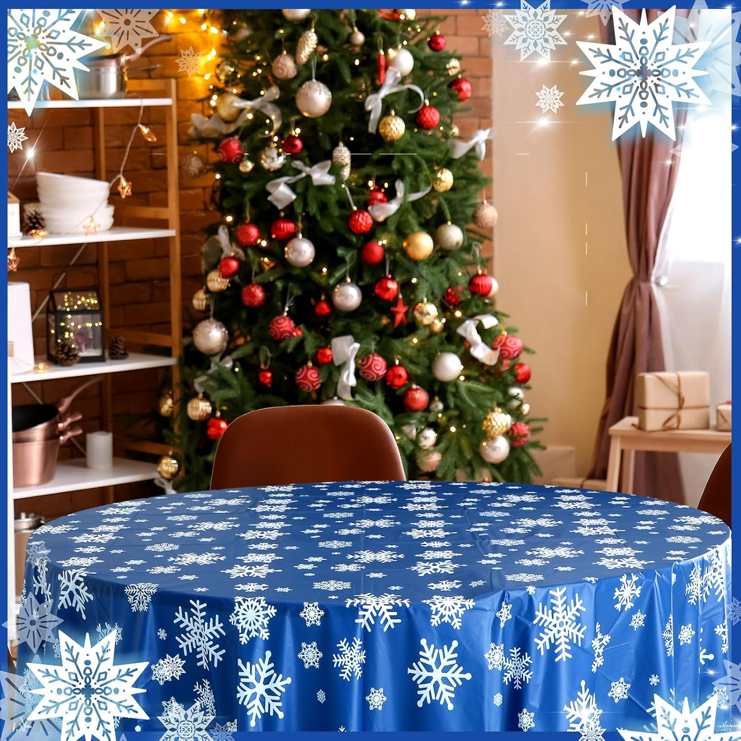 Sliner 12 Pieces Christmas Winter Snowflake Tablecloth Winter Round Plastic Party 83.9 Inch Blue Christmas Tablecloth Disposable Snowflake Xmas Backdrop Sign Table Cover Banner for Holiday Party