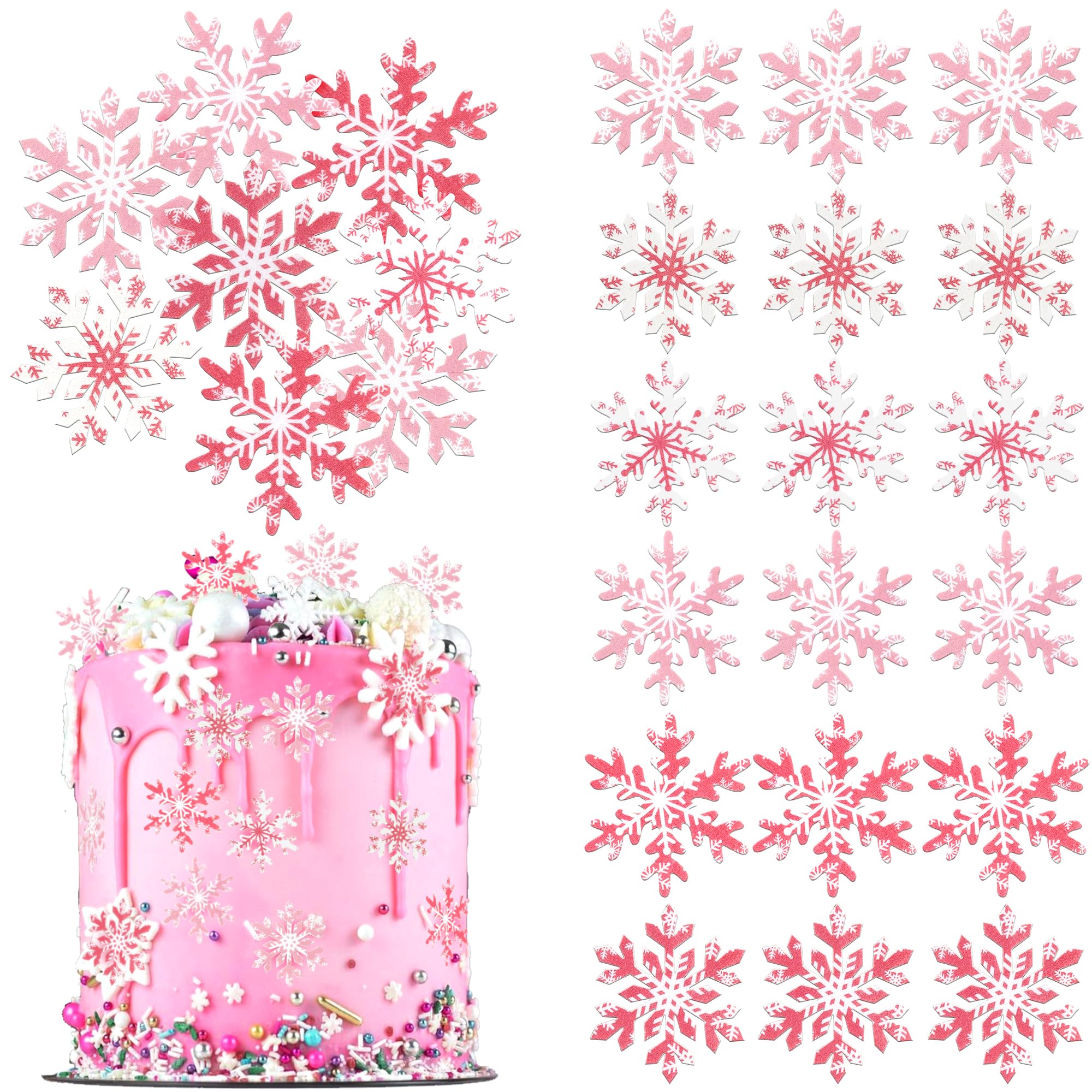 Xsstarmi 60 Pack Edible Snowflakes Cupcake Toppers Rice Paper Winter Frozen Theme Snowflakes Cupcake Picks for Baby Shower Birthday Christmas Party DIY Cake Decorations Supplies Pink