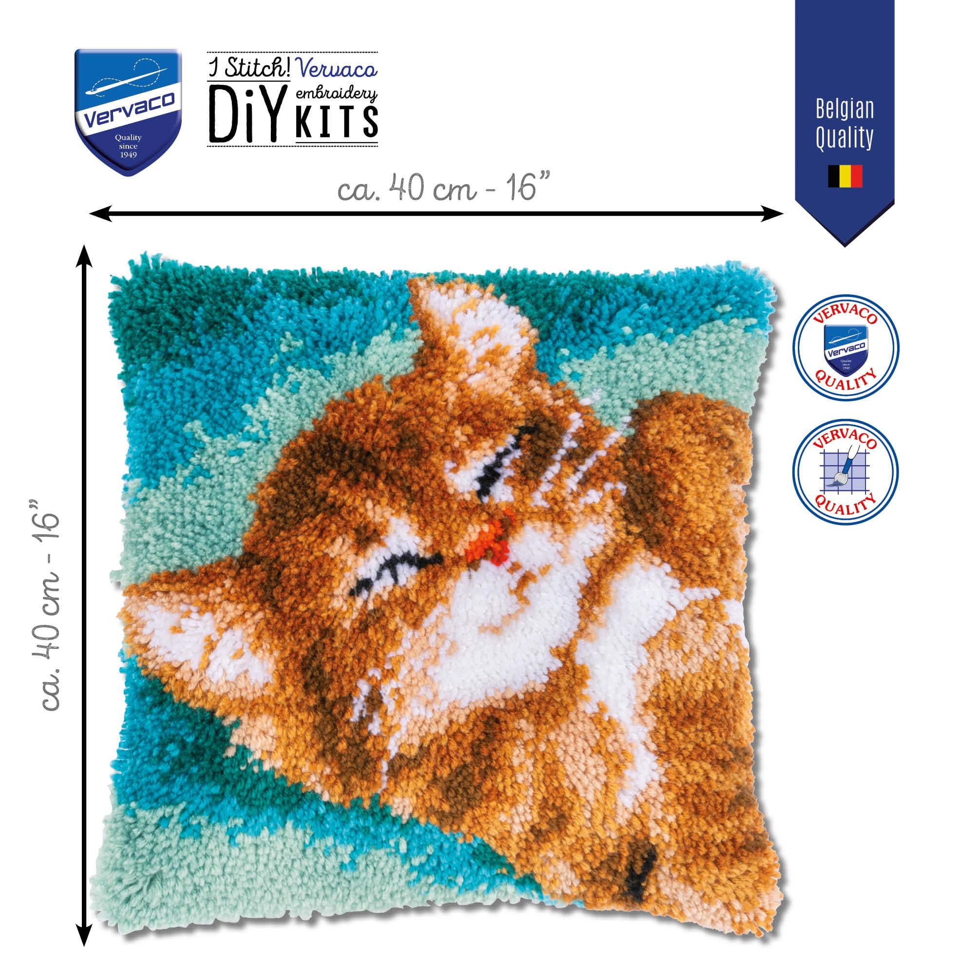 VERVACO Latch Hook Kit Zestaw Poduszka MRUCZĄCY KOT Haft Dywanowy dla Początkujących 40 x 40 cm Zrób to Sam Zestaw Kreatywny dla Dorosłych DIY Puszysta Dekoracja