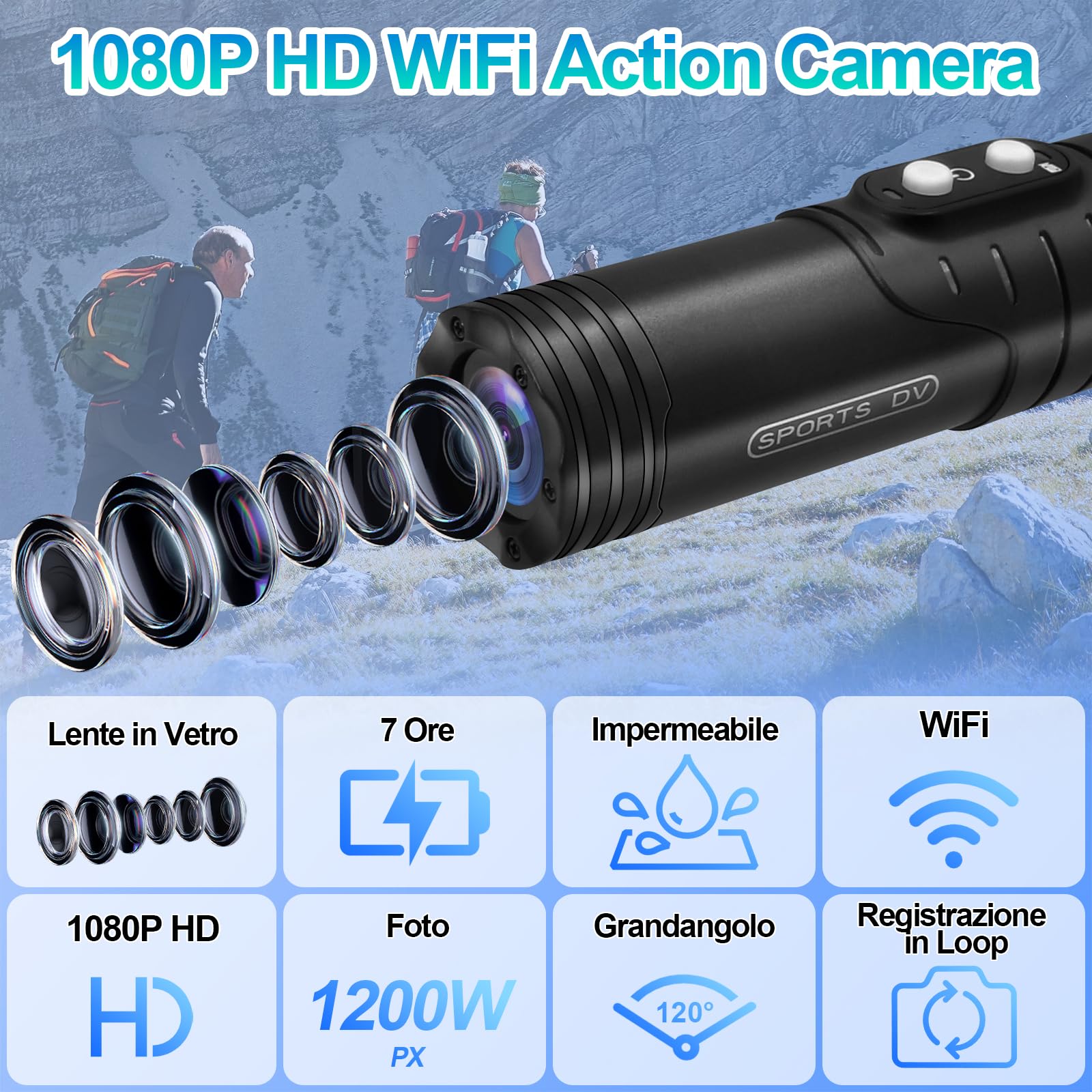 Action Cam Moto, WiFi Stabilizzazione Giroscopica Dash Cam Moto, 7 Ore di Registrazione 1080P HD e Grandangolo 120° Action Camera IP66 Impermeabile per Bici/Moto