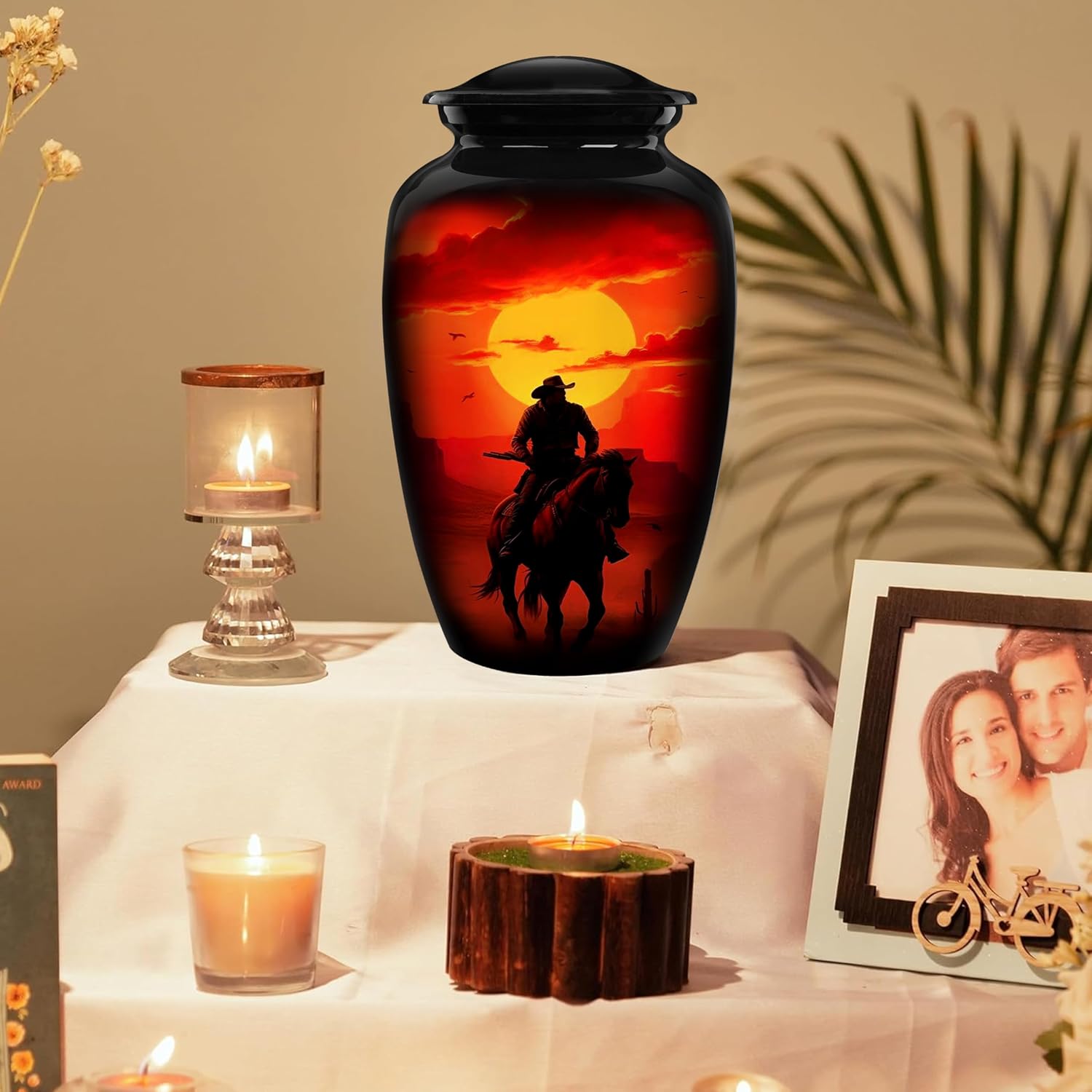 Cremation Urns for Human Ashes Adult Male Female – Large Funeral Men Urn for Ashes, Western Decorative Burial Memorial Urn with Black Velvet Bag, Cowboy, 200 Cu in - Image 6