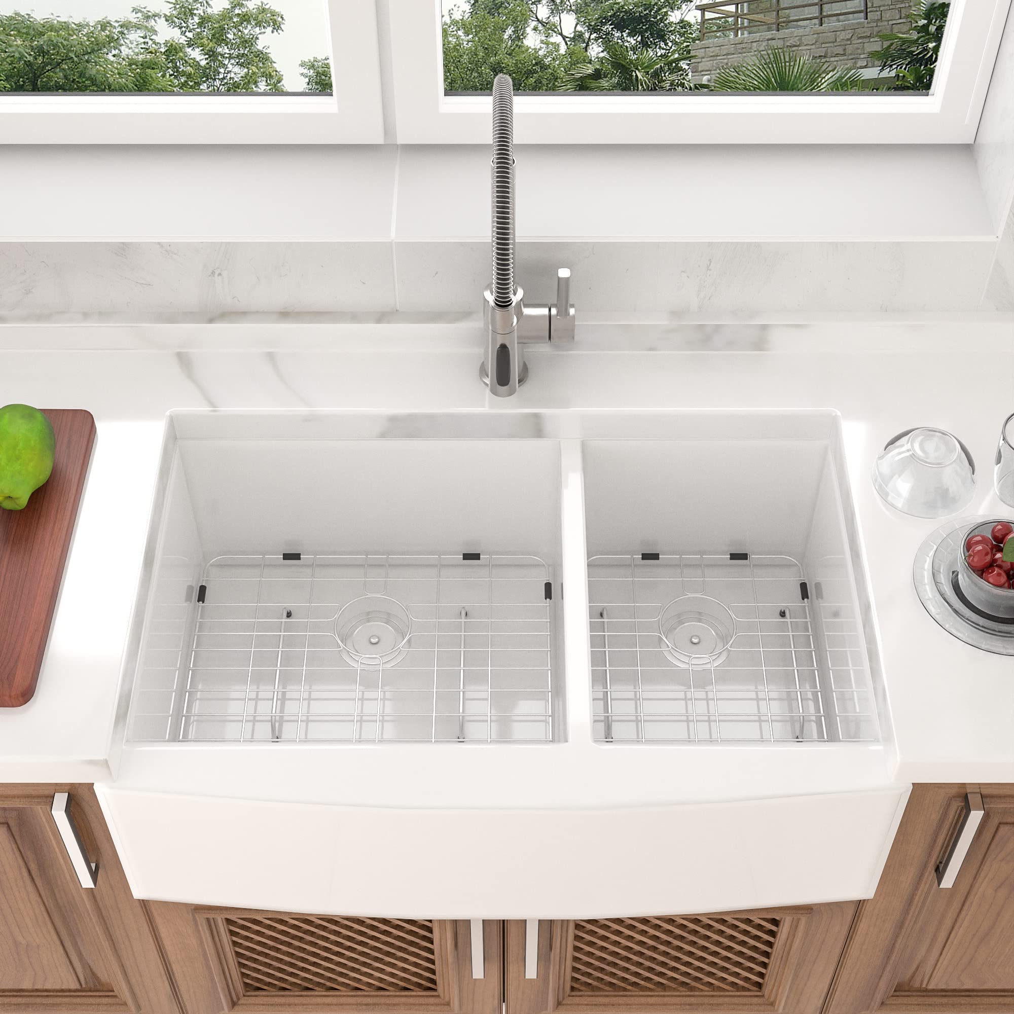 Lordear 33 inch Farmhouse Kitchen Sink Apron Front White Porcelain Double Bowl 60/40 Curved Apron Farm Style Sink