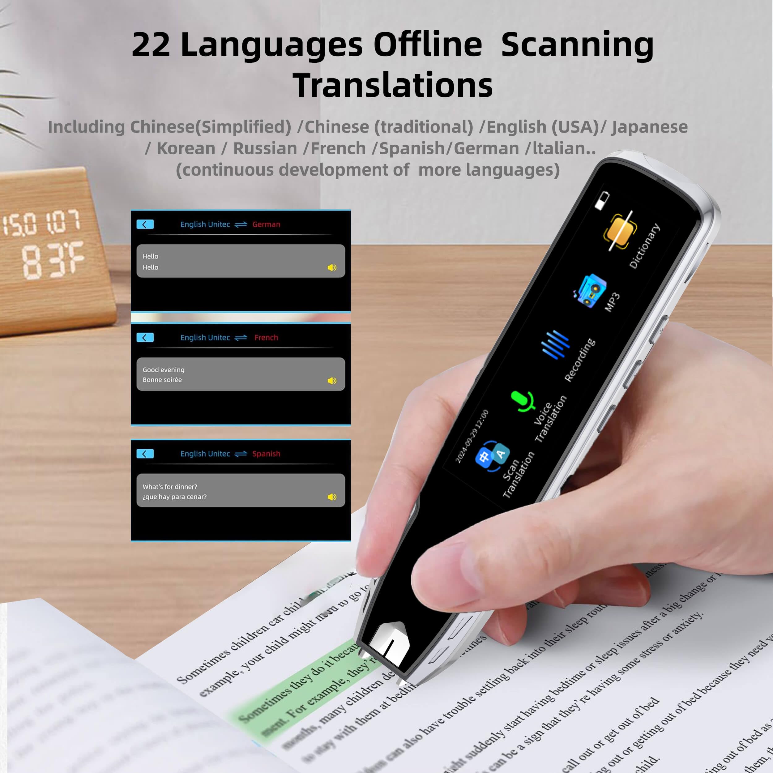 Penna traduttore per dislessia e apprendimento delle lingue, dispositivo di traduzione vocale in 112 lingue con modalità offline, estratto di testo e lettore di scansione portatile, per bambini/adulti