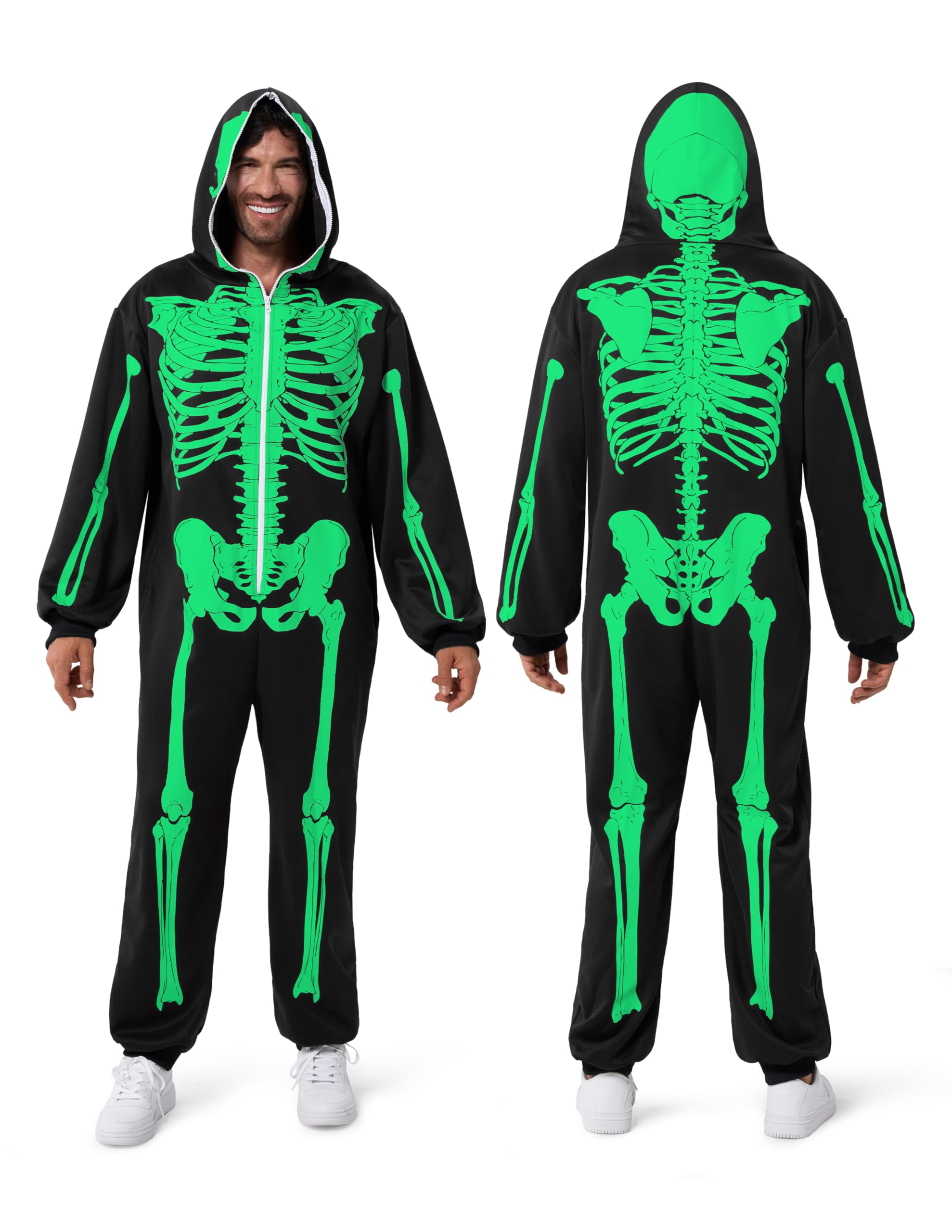 Spooktacular Creations Skeleton Jumpsuit Adult Men Skeleton Jumpsuit Jumpsuit Glow in the Dark Zip Up Hooded Skeleton Costumes for Halloween Dress Up Party Role Playing Themed Parties Cosplay-XXL