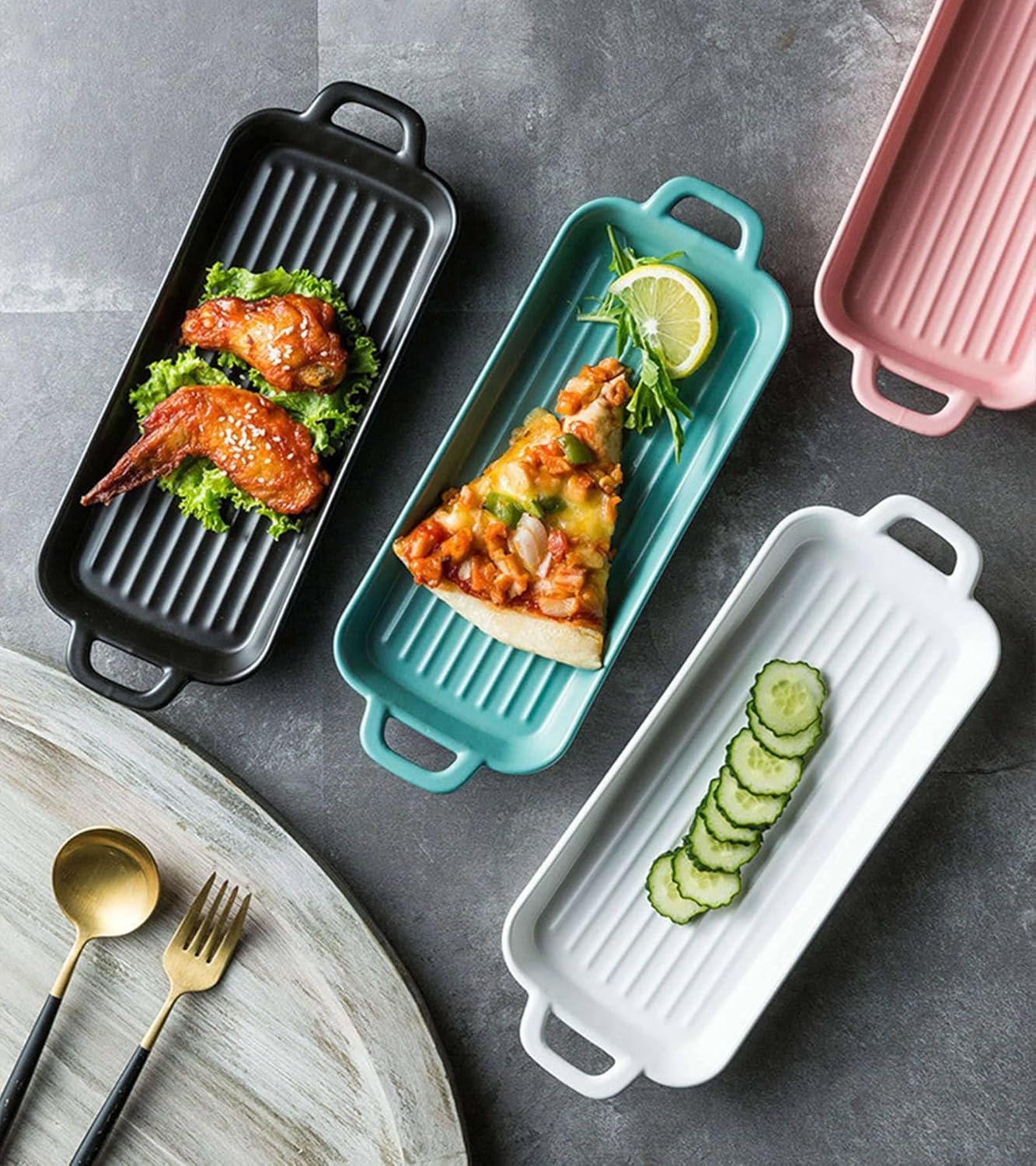 Solid Color Rectangular Baking Pans for Oven Ceramic, Shallow Lasagna Pan with Handles, Porcelain Baking Pan(Black)
