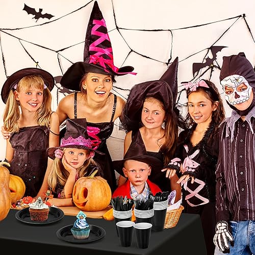 Miniatura 7 de Juego de vajilla desechable negra de 212 piezas, suministros para fiesta, 30 platos de plástico negro, utensilios y servilletas negras de 12 onzas,