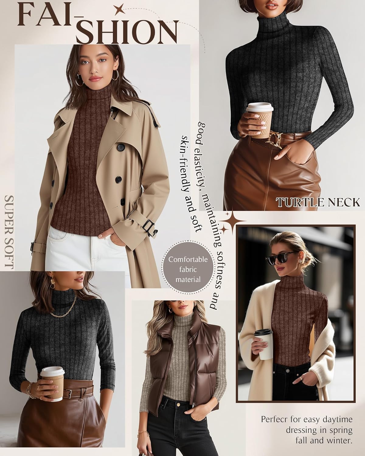 3 Pack Women's Turtleneck Sweaters Ribbed Long Sleeve Turtle Neck Top Slim Fitted Knit Lightweight Pullover Sweater - Image 6