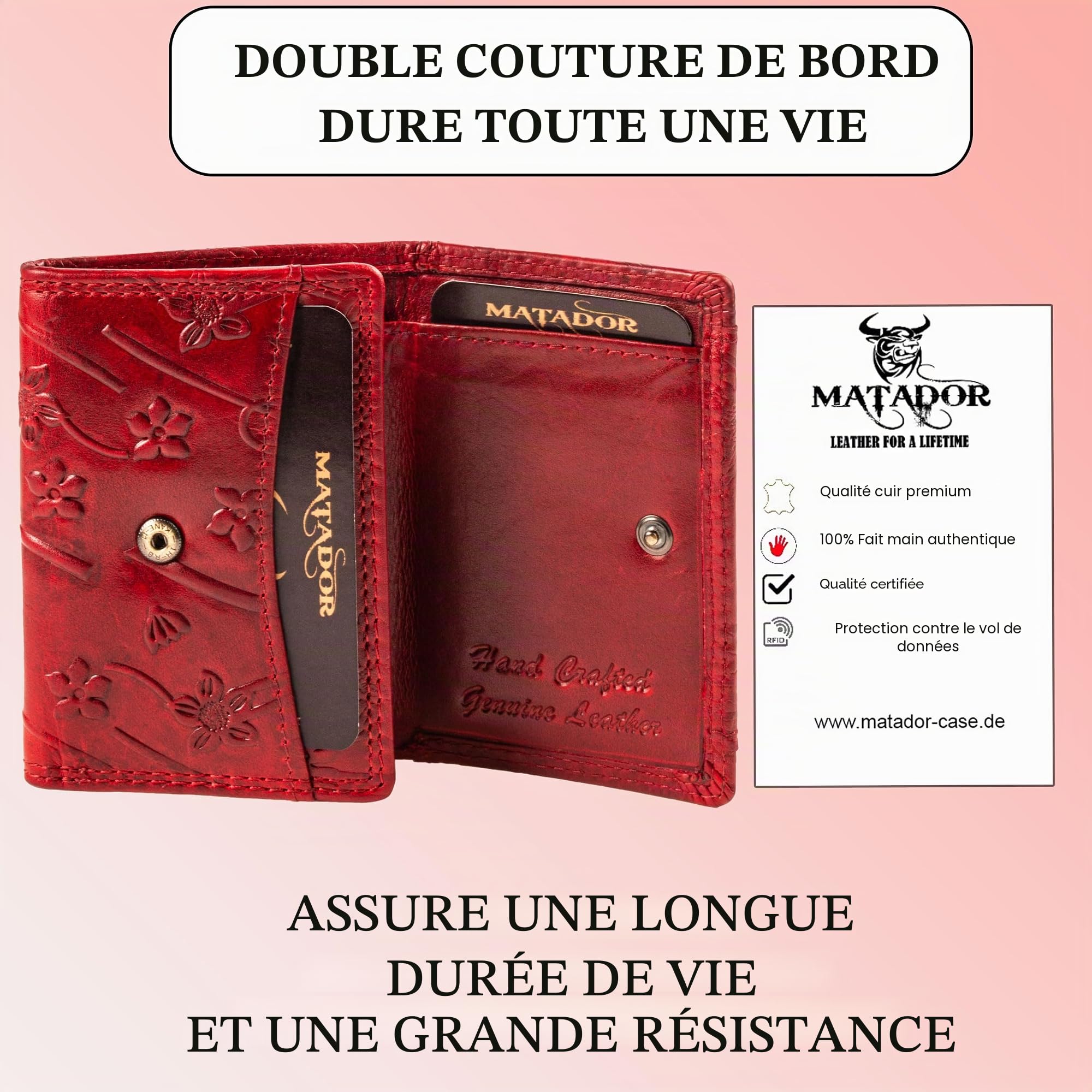 MATADOR Petit Portefeuille Femme Cuir #GENÈVE Portefeuille Femme avec Noble Boîte Cadeau, Porte-Monnaie de Luxe avec RFID, Mini Portefeuille avec de Nombreux Compartiments à Cartes en Fleurs Rouge