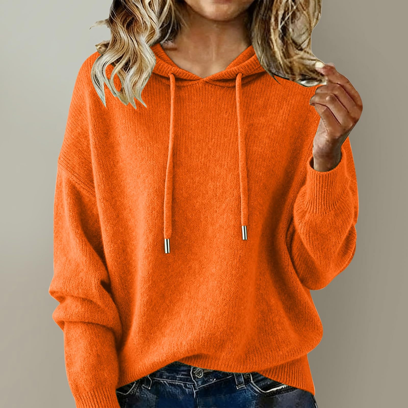 Générique Pull à Capuche Femme Chic et Élégant Manches Longues Cordon de Serrage Pulls Tricoté Automne Hiver Chaud Couleur Unie Sweater Ample Confortable Pullover Quotidienne Travail