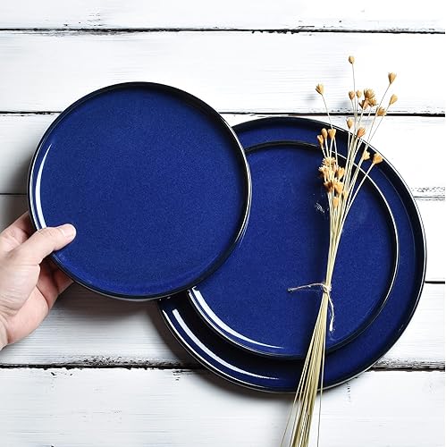 Miniatura 4 de Bosmarlin Platos llanos de cerámica, 10.5 pulgadas, juego de 4 para ensalada, pasta, postre, microondas y lavavajillas (azul oscuro, 10.5 pulgadas)