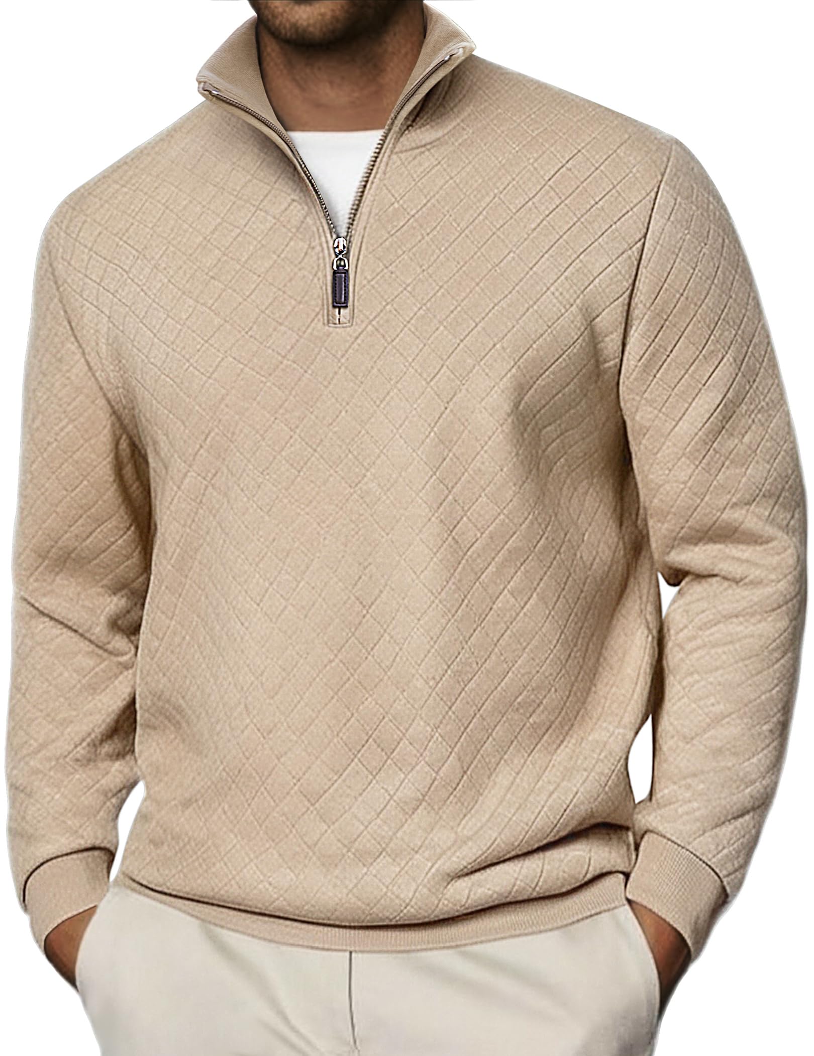 COOFANDY Men Quarter Zip Pullover Long Sleeve Quilted Sweatshirt Waffle Casual Collared Sweatshirts Mock Neck Winter Polo Khaki Large