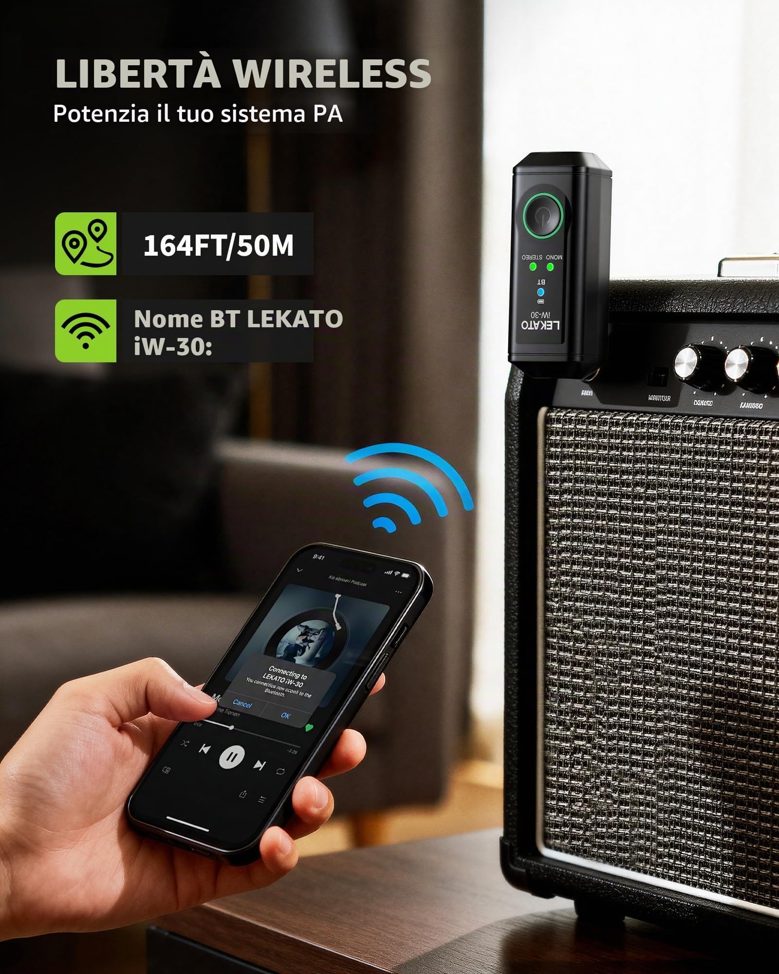 LEKATO iW-30 Ricevitore Bluetooth con jack da 6,35 mm, ricevitore audio mono/stereo wireless con 15 ore di riproduzione e 50 m per amplificatore, sistemi PA, tastiera e mixer