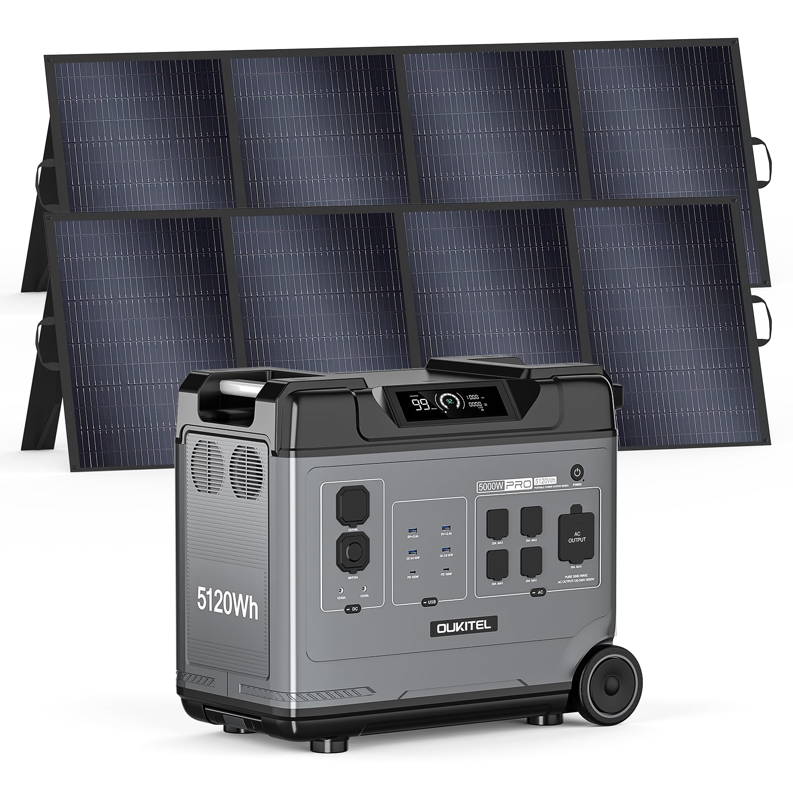 OUKITEL 5120W Power Station BP5000 Pro Max with 2x400W Solar Panels 120 240V 5000W Surge 9000W AC Output