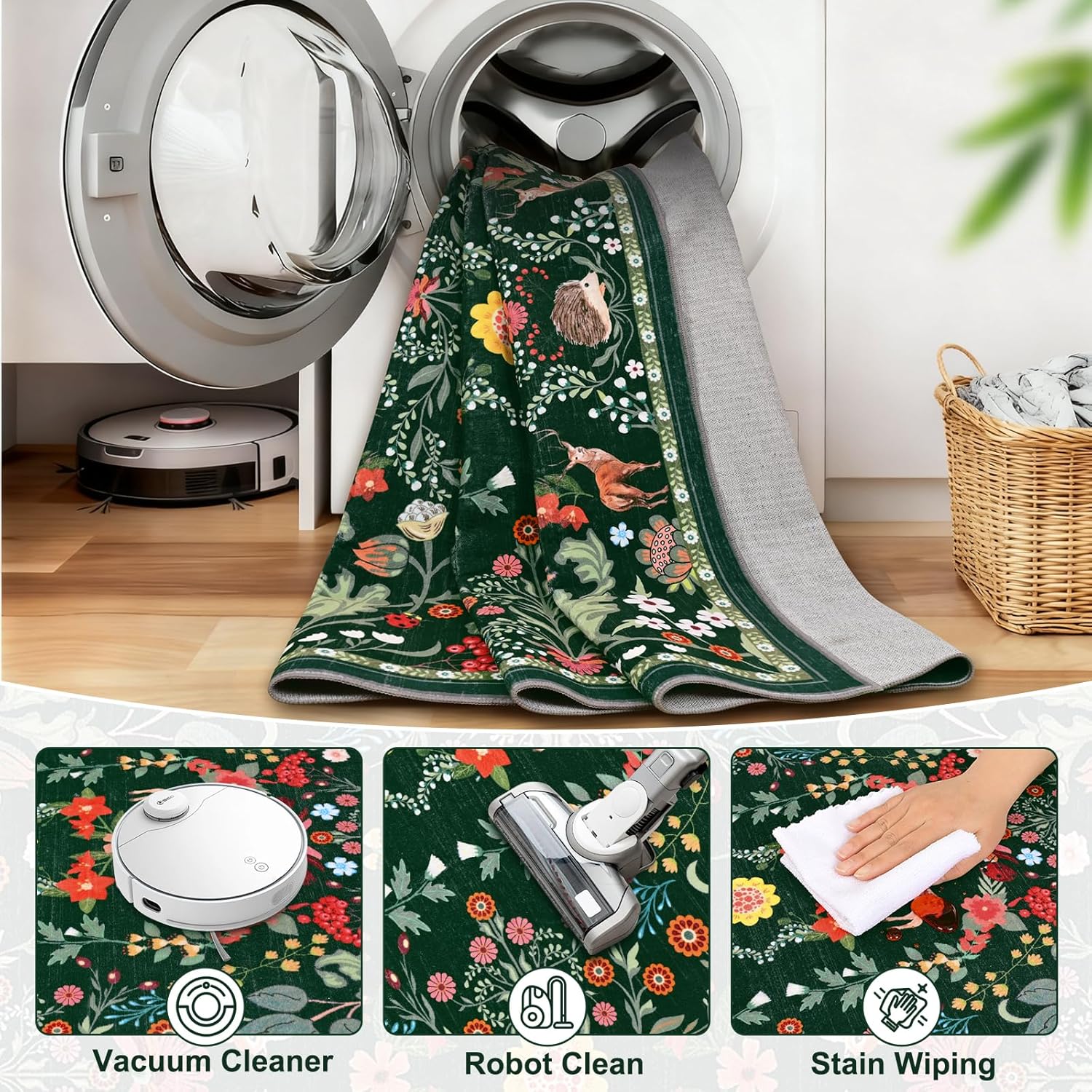 Yinhua Area Rug 5x7 Floral Rugs for Living Room Green Washable Rug Non Slip Soft Low Pile Faux Wool Botanical Throw Rugs for Bedroom, Dining Room, Nursery, Home Decor, Green