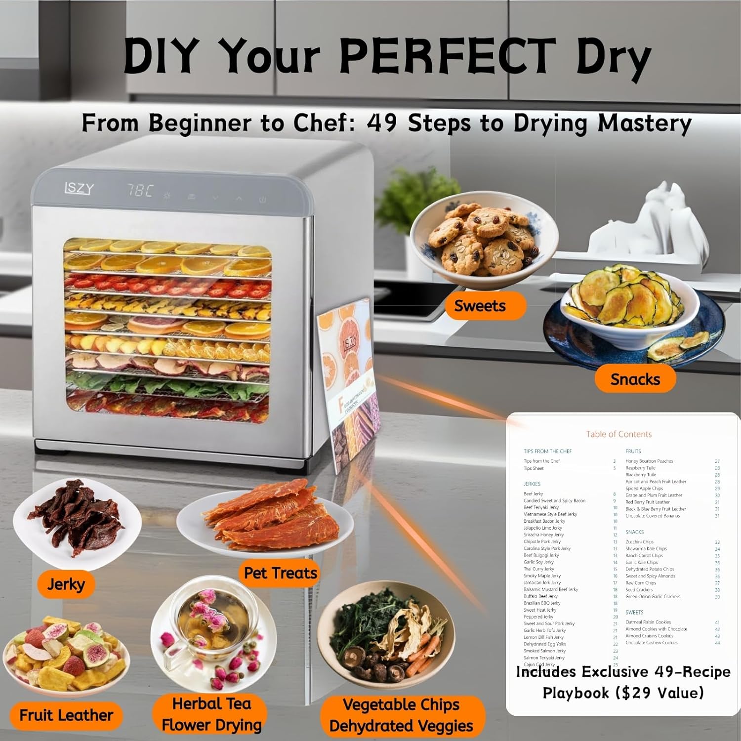 Food Dehydrator and Electric Meat Slicer Bundle: 12'' 10-Tray Stainless Steel Meat Dehydrator for Jerky & Deli Slicer for Home with 2 Blades | 800W Dryer, 72H Timer, ETL Certified for Fruit, Meat, Che