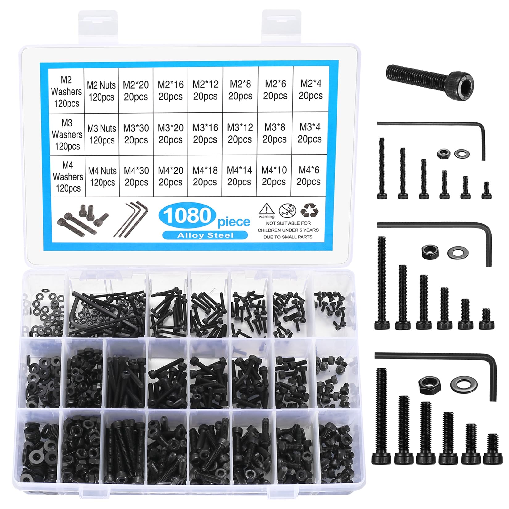 Hexagon socket cap screws, 1080 pieces M2 M3 M4 carbon steel hexagon socket screw with nuts and washers, threaded screws machine screws assortment kit