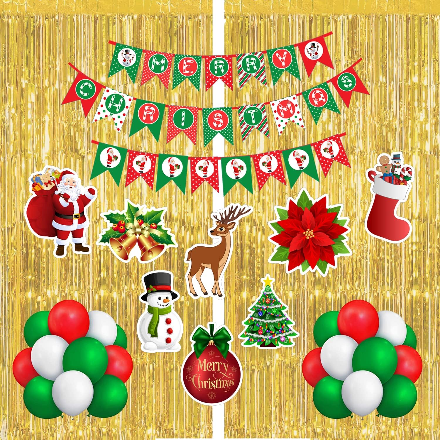 WoW Party Studio Happy Christmas Eve Decorations Combo Kit - 1Pcs Bunting Banner, 2pcs Foil Curtain Gold, 20Pcs Red Green White Balloons, 8pcs Cutouts - 31Pcs Combo Kit