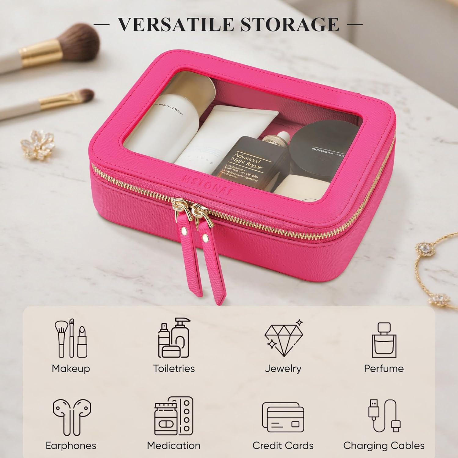 Clear Makeup Bag, Travel Toiletry Bag Cosmetic Case for Women, Waterproof Portable Make Up Skincare Pouch with Zipper, Compact Car Organizer Bag for Essentials, Medium Size, Hot Pink - Image 6