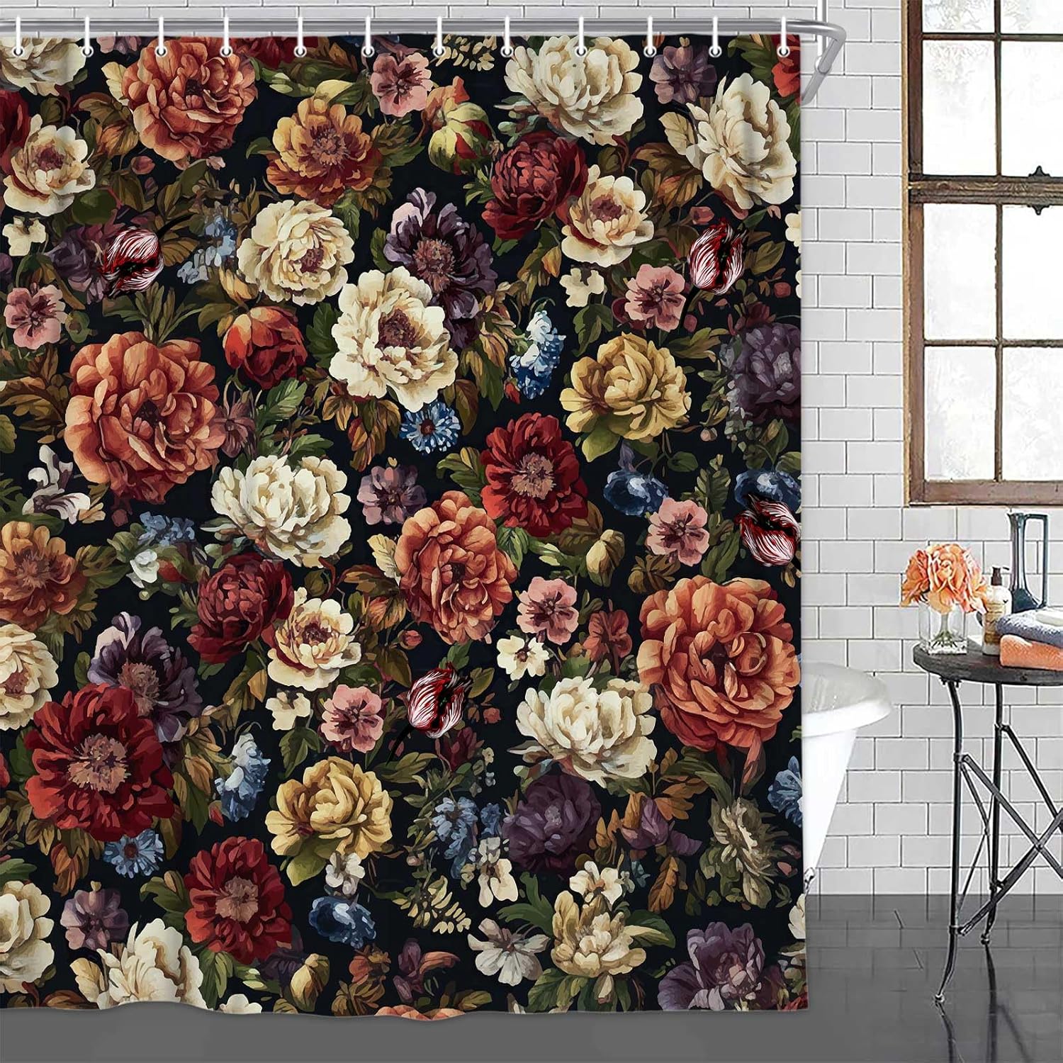 Drgilau Floral Shower Curtain for Bathroom, Vintage Floral Shower Curtain Set Red Flower Plants Bathroom Curtain Decor, Black Boho Floral Shower Curtain with 12 Hooks 69X78 Inch