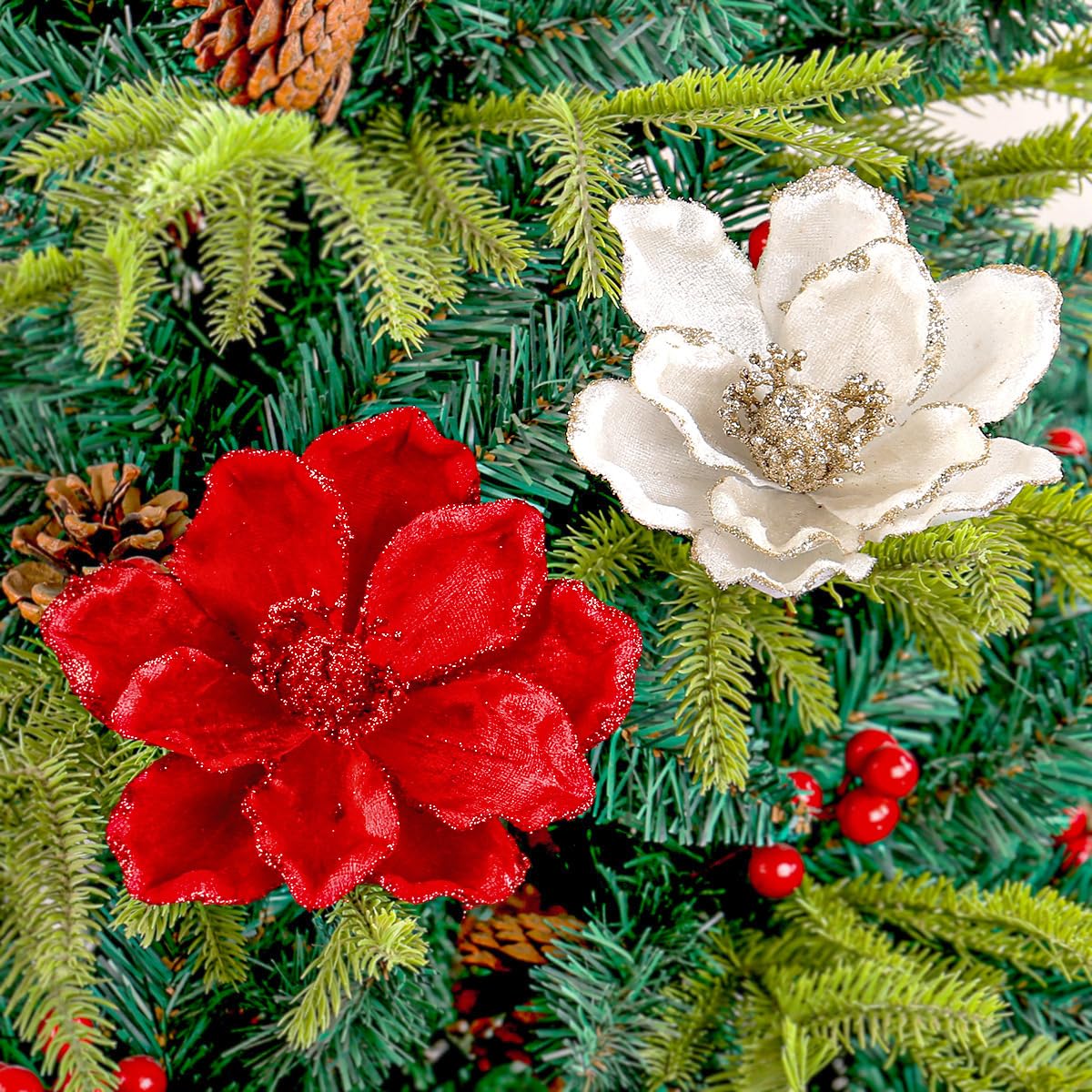 vctops Lot de 10 Fleurs artificielles à Paillettes pour Sapin de Noël, Nouvel an, fête de Mariage, Vacances - 16 cm - Blanc A