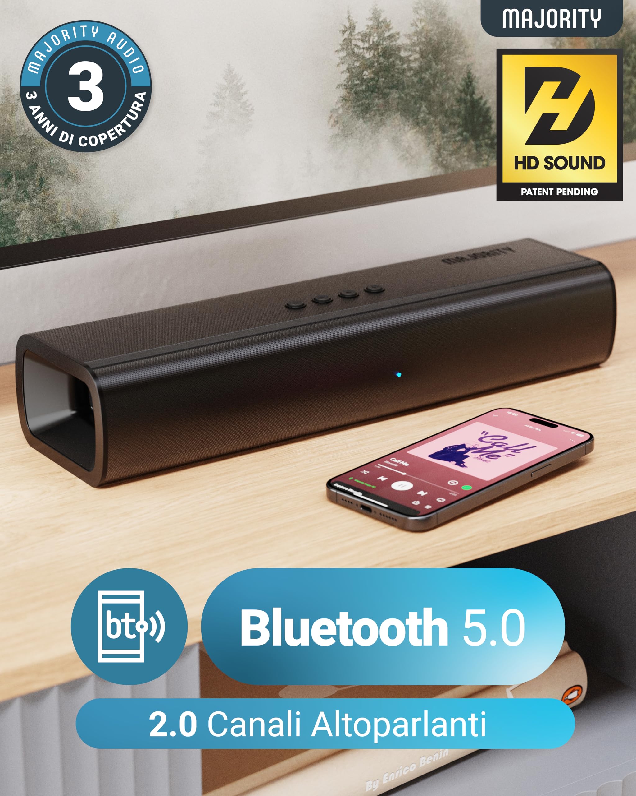 Majority Soundbar Bluetooth TV Naga 40 80W Suono Surround 3D Compatto HDMI ARC Ottico AUX USB Montaggio a Parete Telecomando Staffe Inclusi