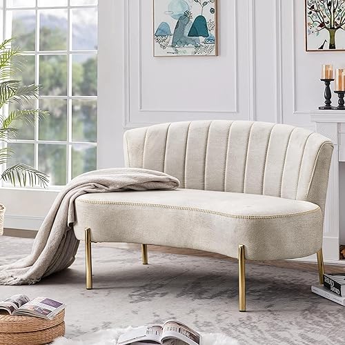 annjoe Sofá de dos plazas tapizado banco de banquete otomano con respaldo y patas de metal dorado para comedor sala de estar dormitorio funiture