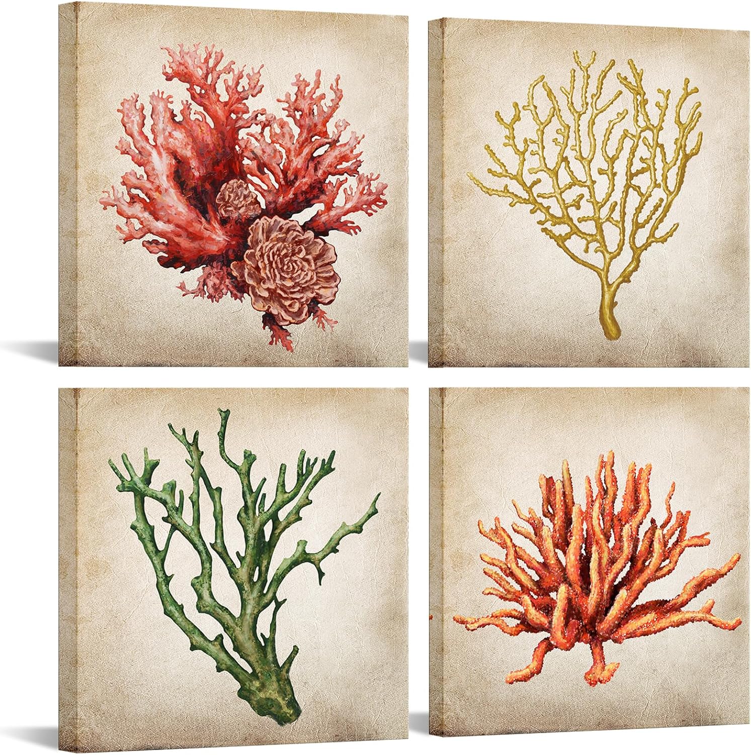 LevvArts Sea Coral Wall Decor Art Retro Style Colorful Coral Painting Canvas Prints Vintage Bathoom Decoration (Small)
