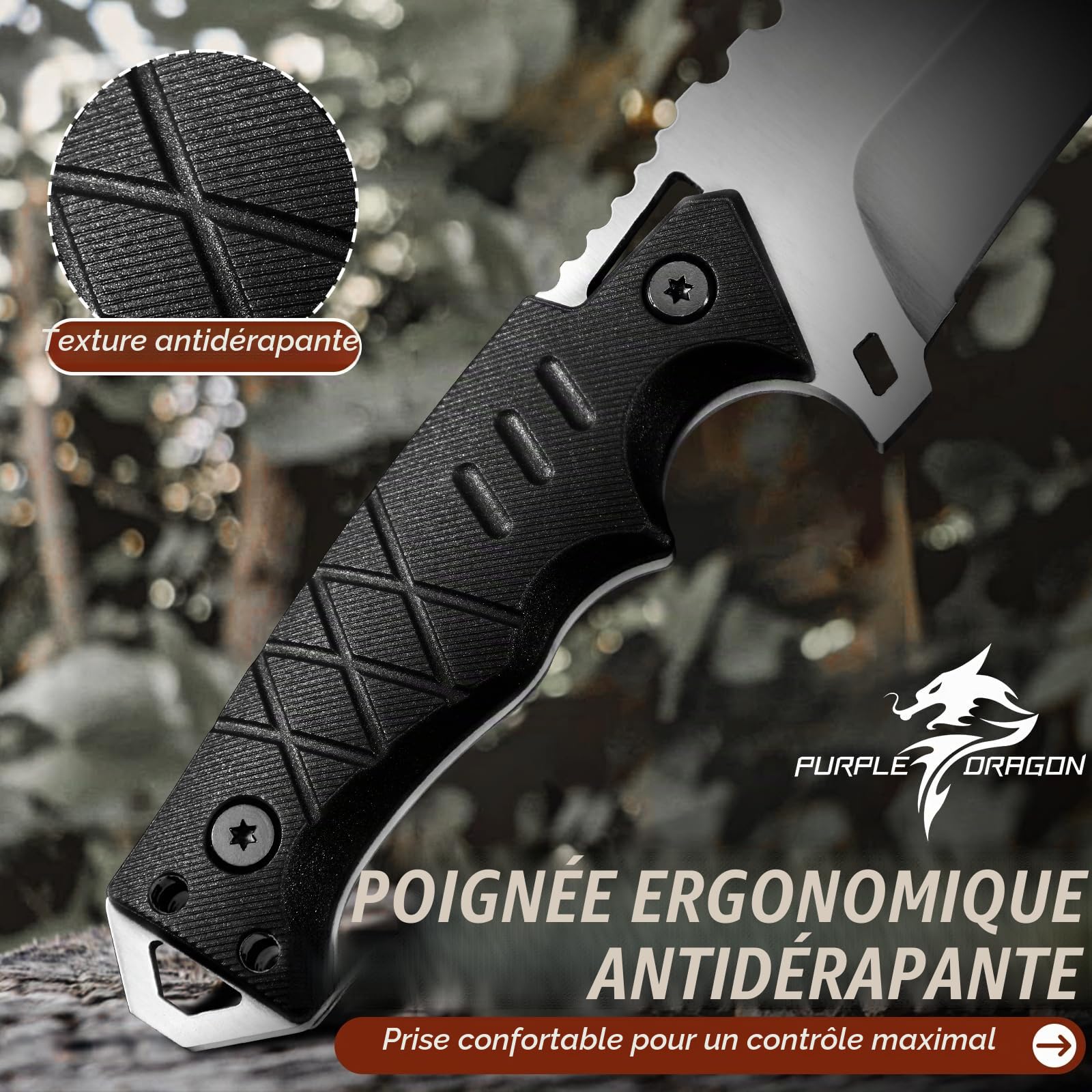 Purple Dragon Couteau Survie D2 Pleine Soie G10, Étui Kydex Camping Noir