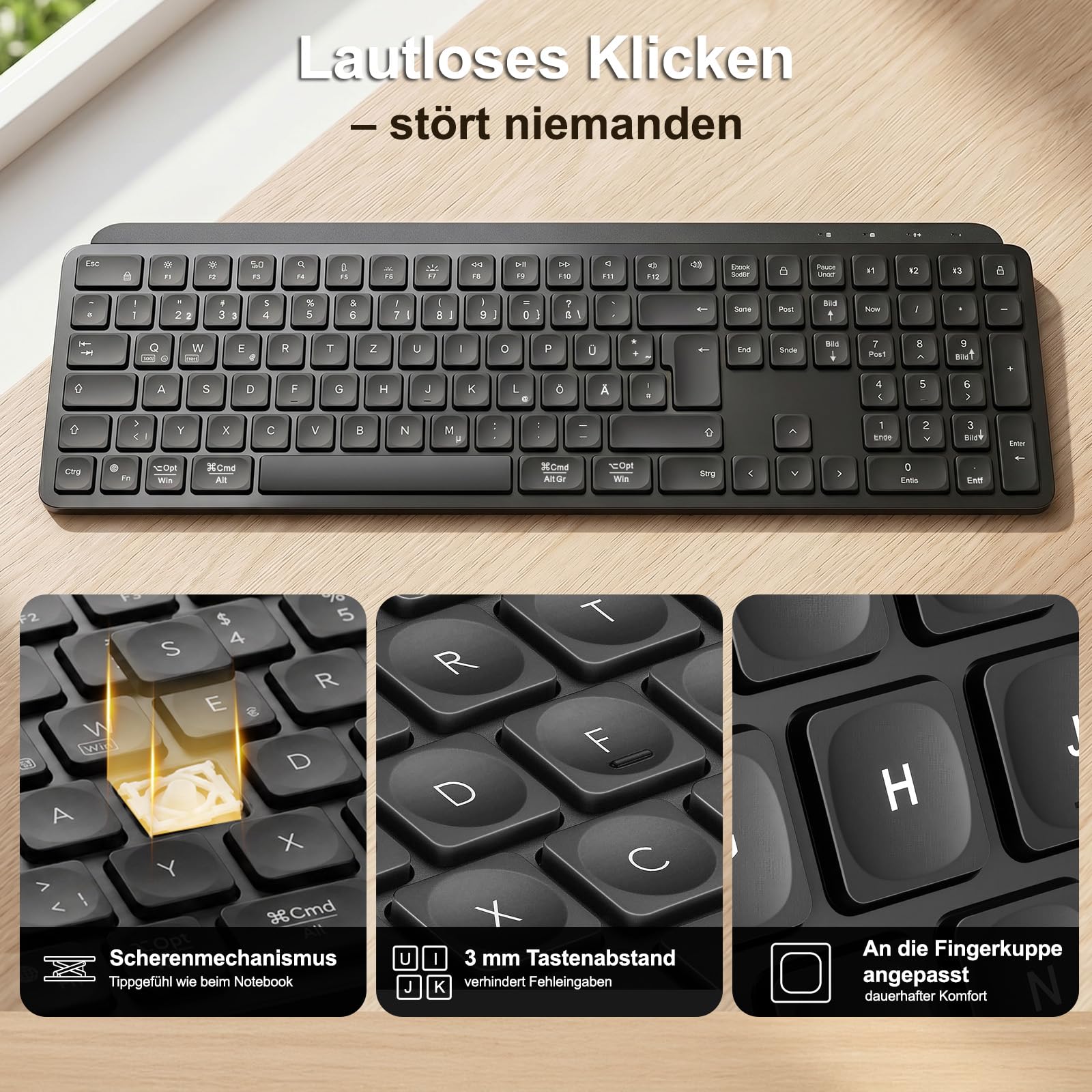 Tastiera wireless Bluetooth con illuminazione bicolore, tastiera multi-device per 4 dispositivi, meccanismo a forbice, USB-C, tastiera da ufficio silenziosa per Windows, Mac, PC, iPad e