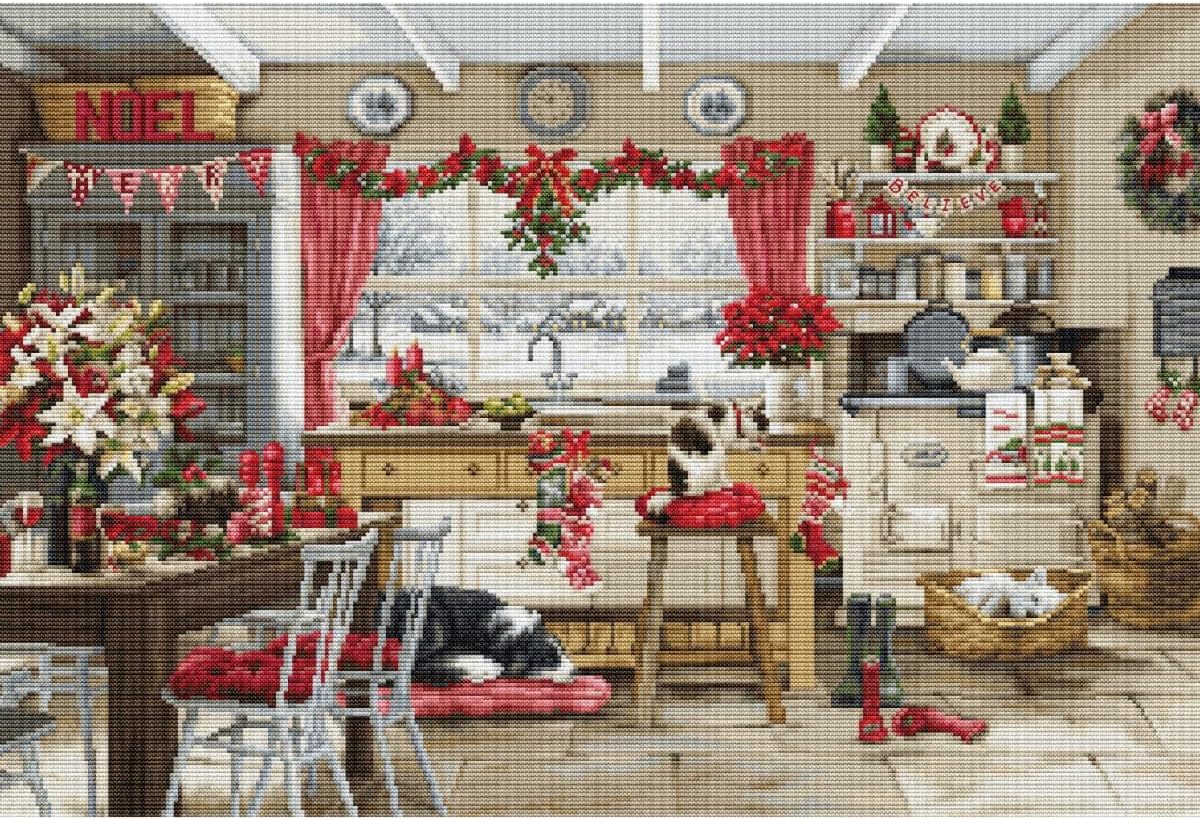 Luca-S Cross Stitch Kit Gold - Christmas Farmhouse Kitchen, BU5053, Counted Cross Stitch Kit for Adults, Needlecraft and Embroidery Kit