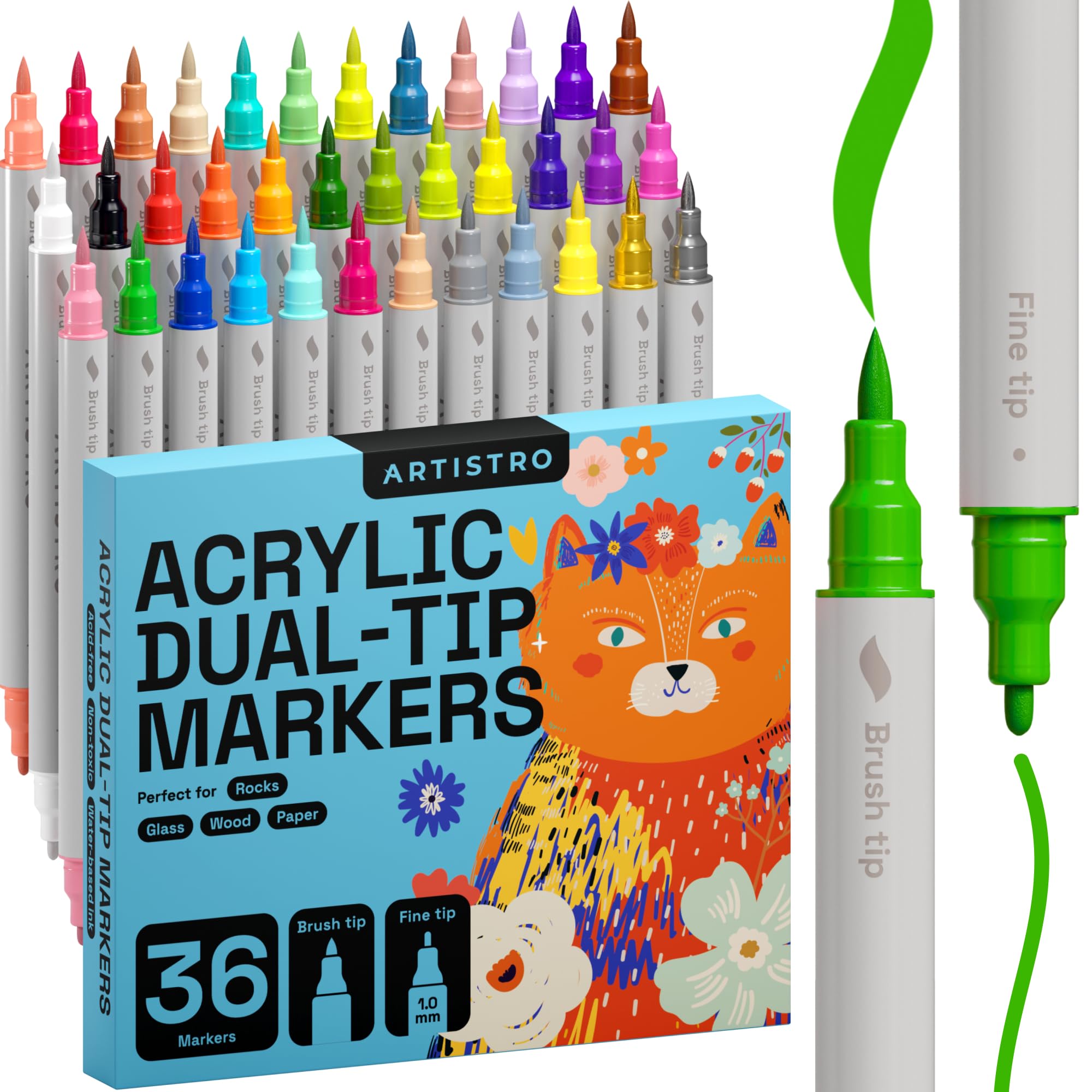 36 Acrylic Paint Pens – Dual Tip (Brush & Fine) Markers, Multicolor for Fabric, Canvas, Rock, Glass, Wood & Paper – Great DIY & Gift for Kids, Teens - Art Set