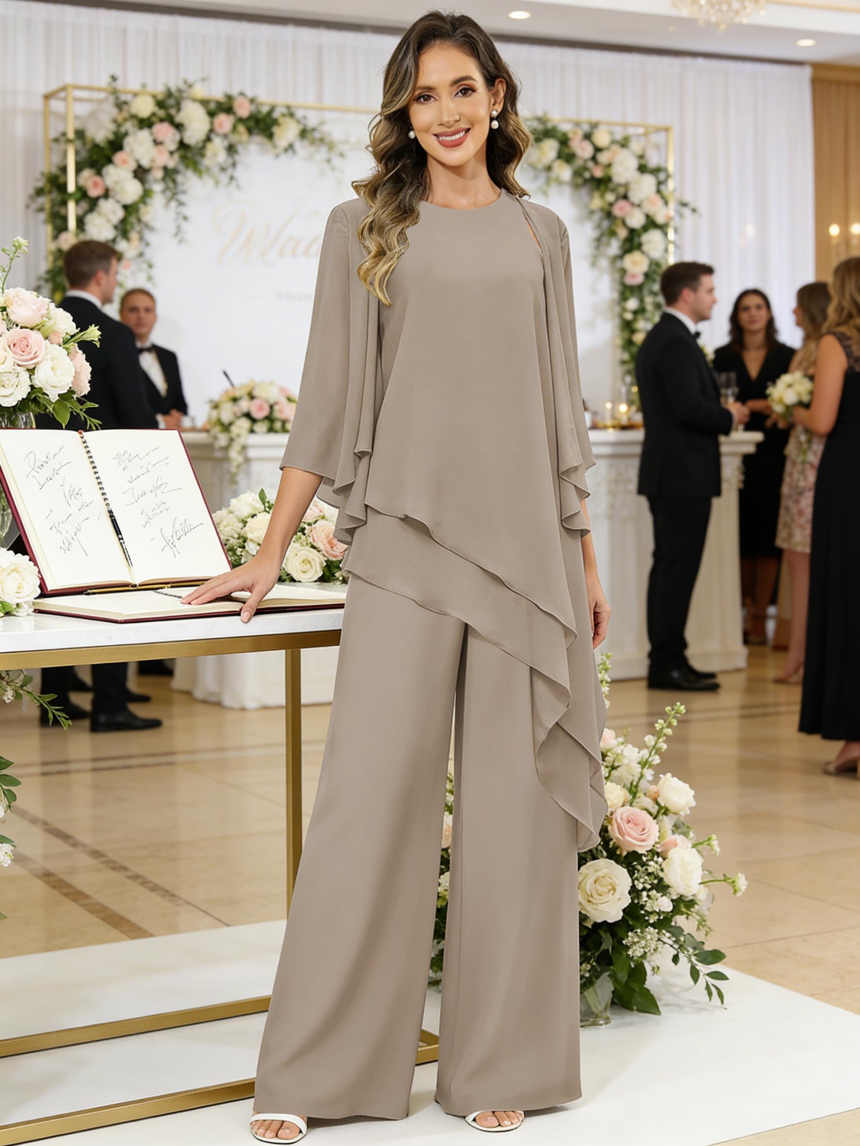 3 Stück Hosenanzug Damen Festlich Elegant,Chiffon Rüschen Mutter der Braut Hosenanzüge 3/4 Ärmel Hochzeit Jumpsuits