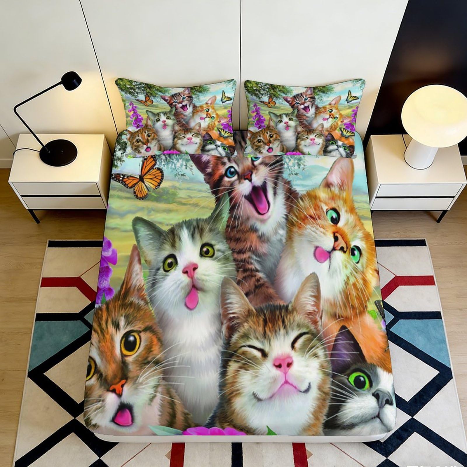Uynsixtme Style-3 3D Printed Cat Pattern Fitted Sheet Microfiber Deep Pocket Cat Mattress Fitted Cover Full Wrap Non-Slip Washable Bedding 200X200x25cm