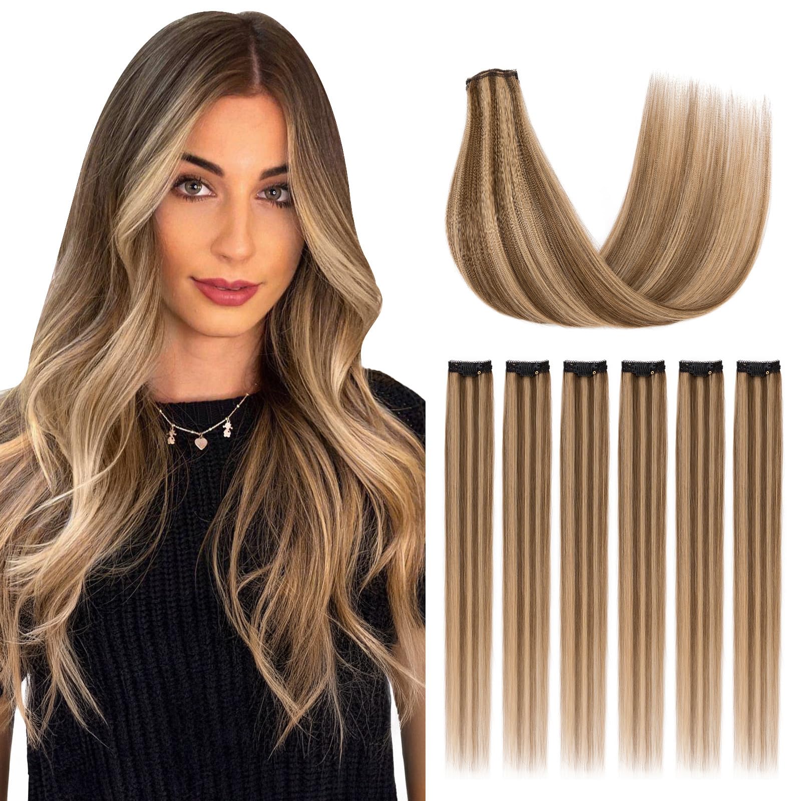 Silk-co Clip in Hair Extensions Real Human Hair Extension Double Weft With Lace Coverd Clip in Silky Straight Very Thin Highlight efffect for Women 6PCS 6Clip 12In #4P27 Medium Brown&Dark Blonde 33g