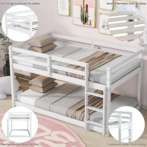 Miniatura 31 de Litera baja individual sobre individual, base de cama de madera maciza con escalera y barandillas de seguridad, literas individuales para niños y