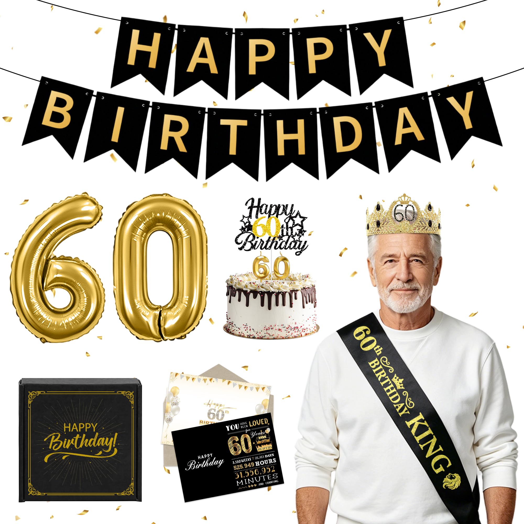 60th Birthday Decorations for 1966 Men, Black and Gold Party Supplies with Banner, Crown, Sash, Balloons, Candles, Cake Topper, Greeting Card and Gift Box, 60 Birthday Gifts for Him Dad Grandad