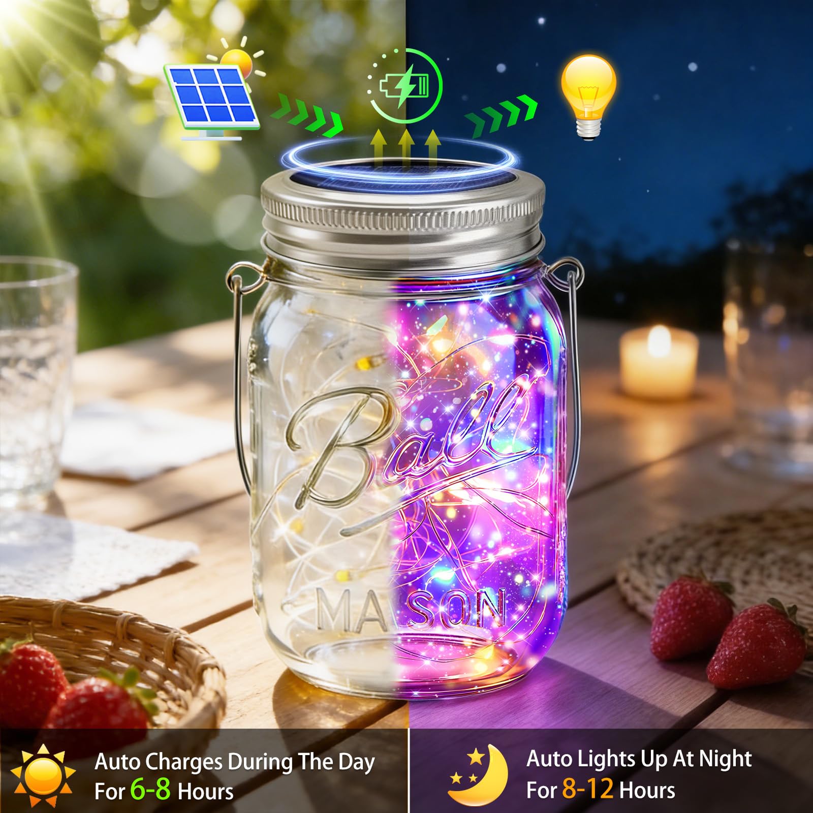 VOOKRY Lot de 12 guirlandes lumineuses solaires pour bocaux Mason - 30 LED - Étanche - Avec 12 crochets (sans bocaux) - Pour extérieur, terrasse, jardin, cour, pelouse, fête, mariage - Multicolore