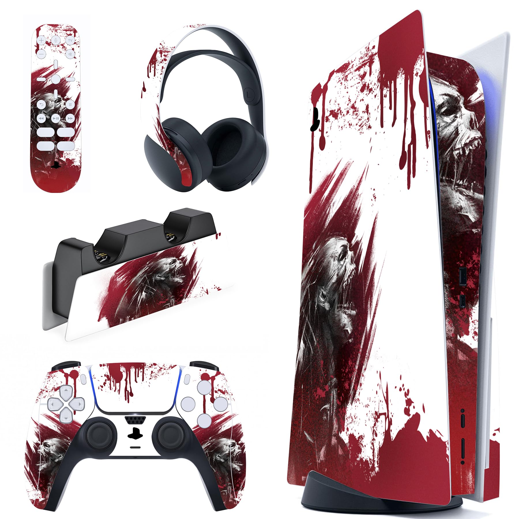 PlayVital ps5コンソール本体(ディスクバージョン)に対応用ステッカーシール、ps5コントローラー&ヘッドセット&リモコン&充電ステーションに対応するステッカービニールシール【ブラッド ゾンビ】 - 1